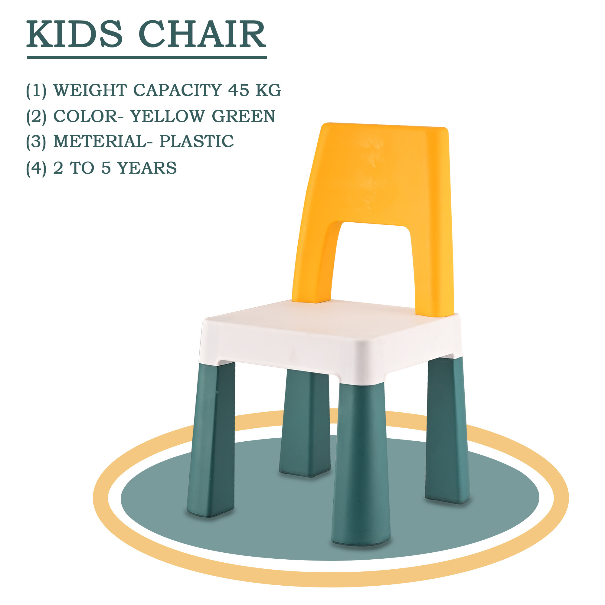 Kuber Industries Plastic Kids Chair for 2 to 5 Years  Lightweight Toddler Chair for Sitting  Studying  Up to 45 kg Weight Capacity  Ideal for Home Preschool  Activity Rooms  Yellow  Green