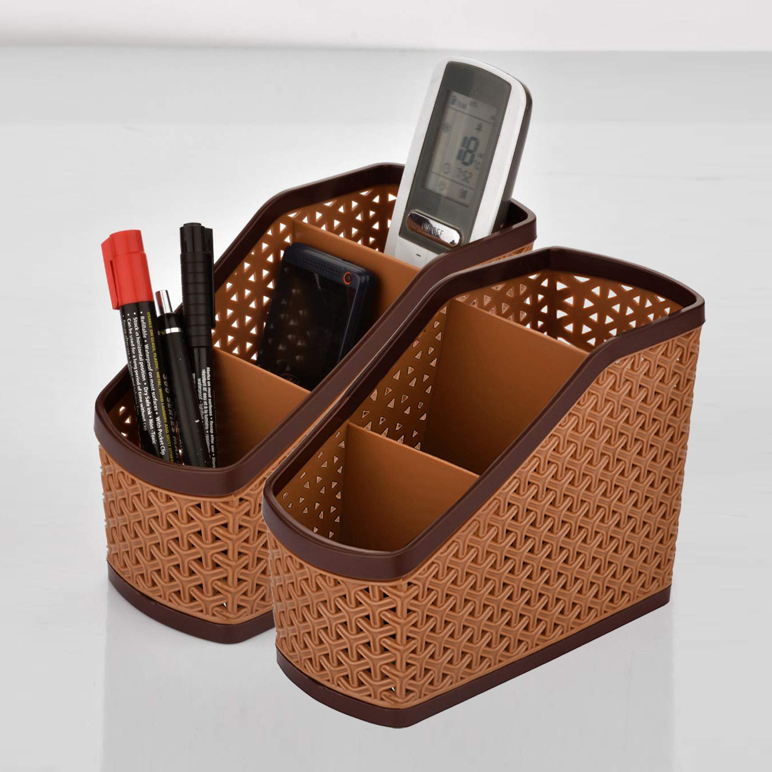 Kuber Industries Plastic Multi-Purpose Compact Desk Storage Organizer Stationary Box For Case Pen Pencil Holder, Plastic Cosmetics, Make Up Organizer Container(Beige)-KUBMART3230