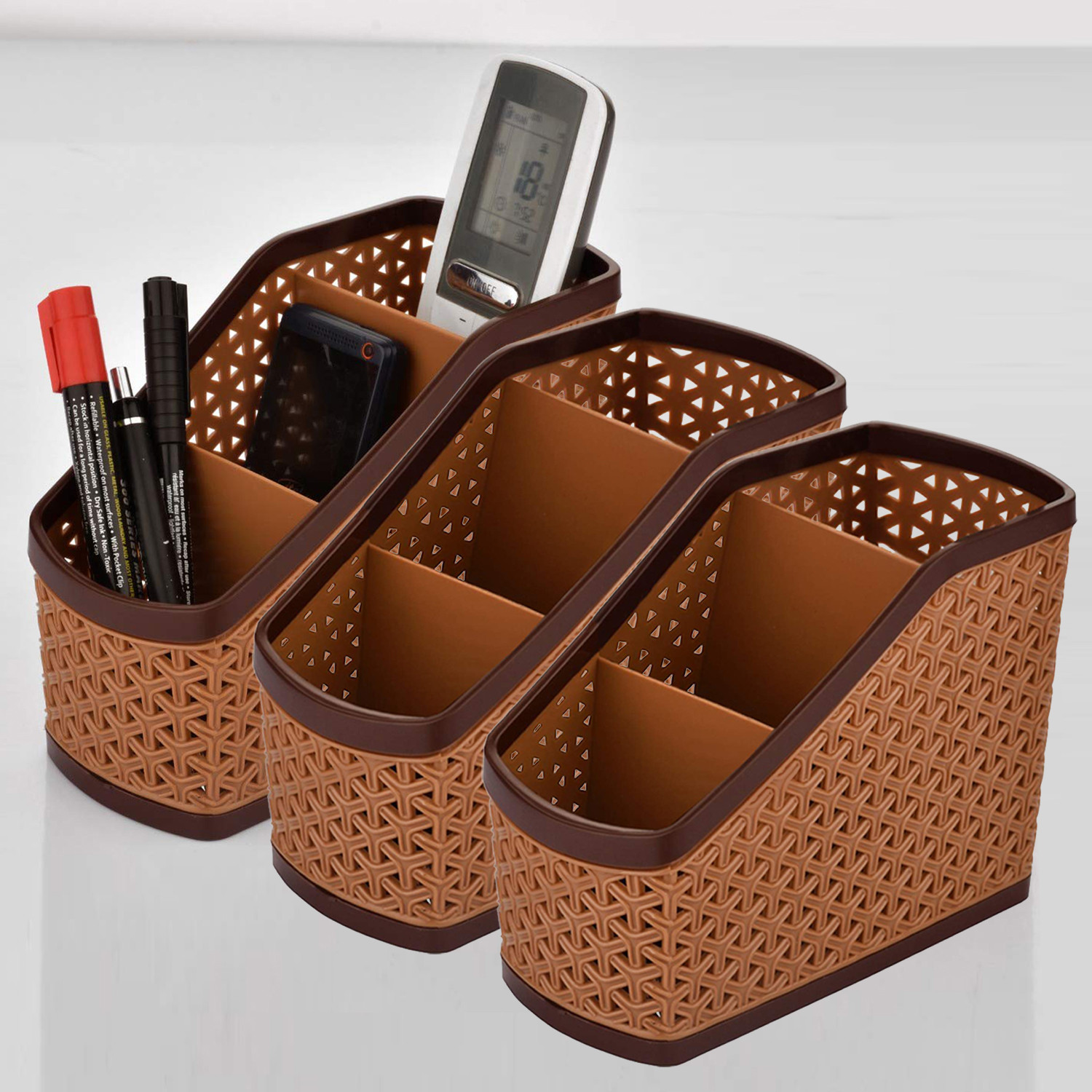 Kuber Industries Plastic Multi-Purpose Compact Desk Storage Organizer Stationary Box For Case Pen Pencil Holder, Plastic Cosmetics, Make Up Organizer Container(Beige)-KUBMART3230