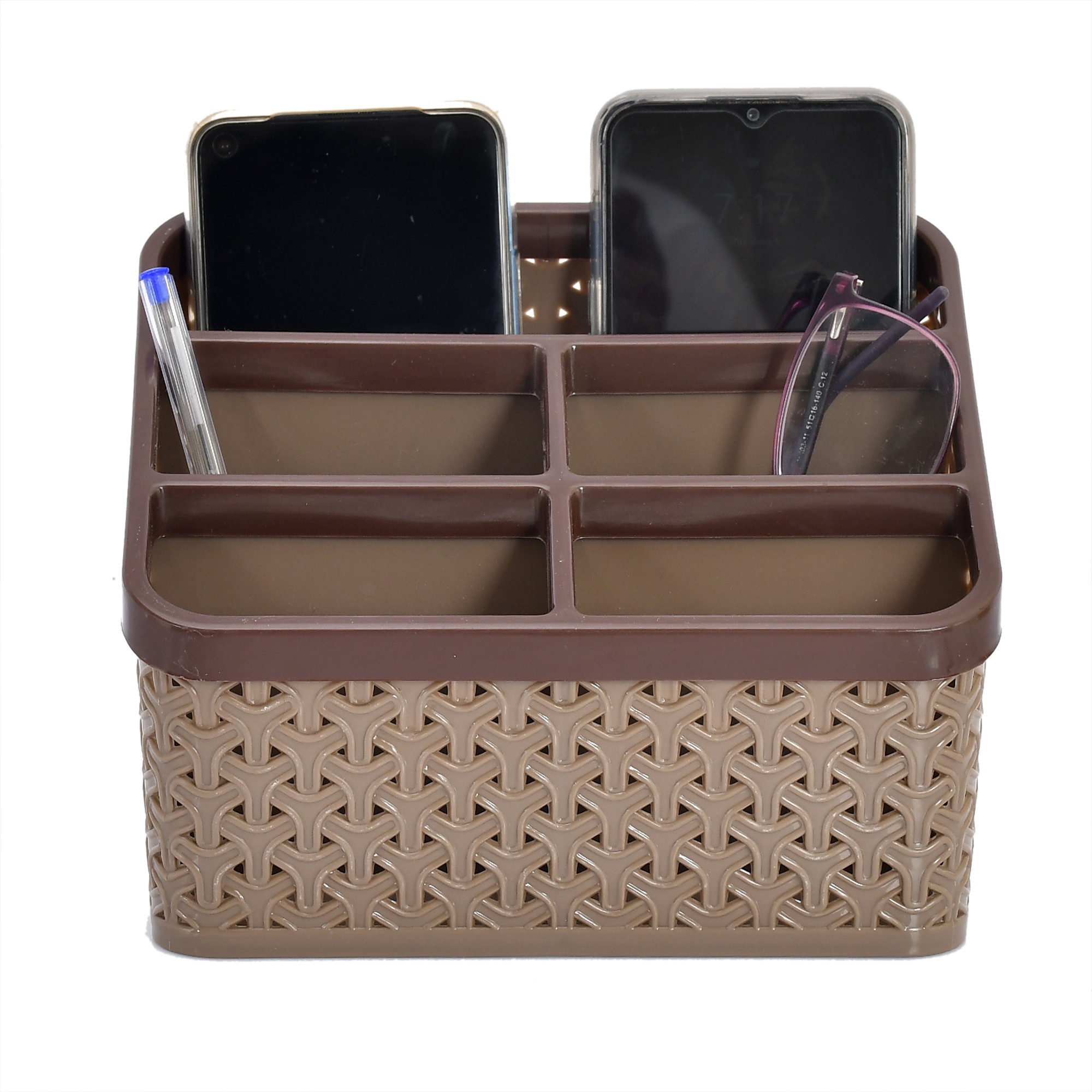 Kuber Industries Plastic Multi-Purpose Large Size Compact Desk Storage Organizer Stationary Box For Case Pen Pencil Holder, Plastic Cosmetics, Make Up Organizer Container(Brown)-KUBMART3242