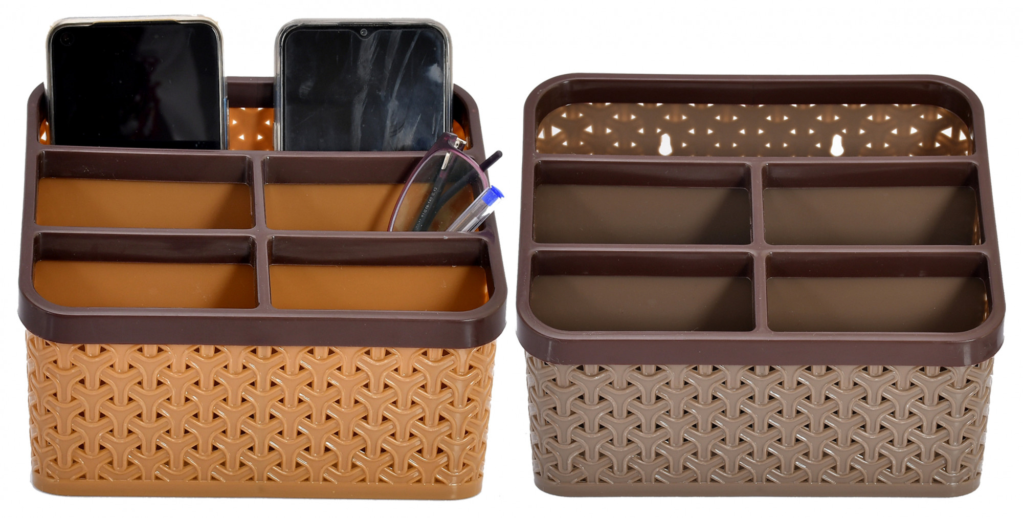 Kuber Industries Plastic Multi-Purpose Large Size Compact Desk Storage Organizer Stationary Box For Case Pen Pencil Holder, Plastic Cosmetics, Make Up Organizer Container(Brown & Beige)-KUBMART3258