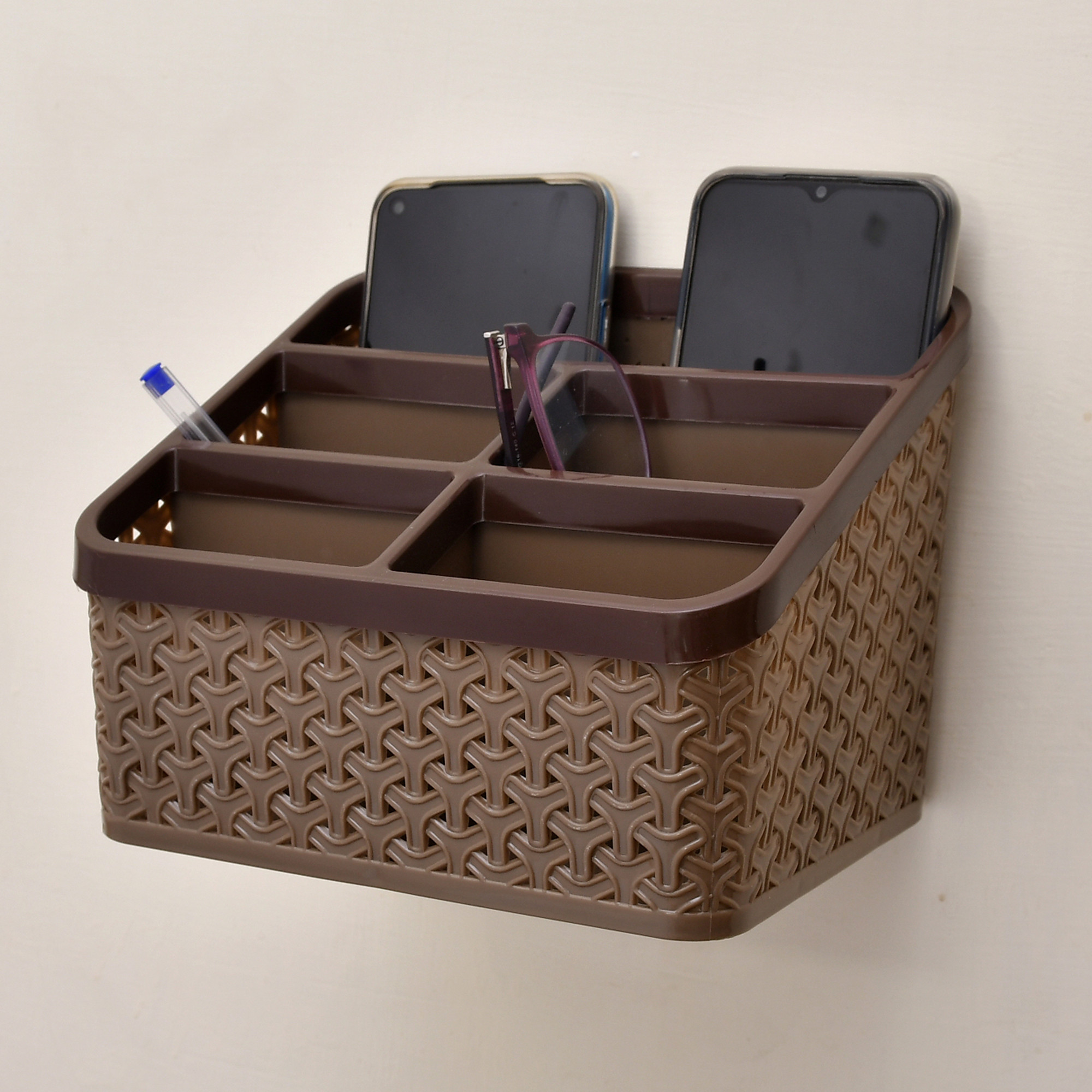 Kuber Industries Plastic Multi-Purpose Large Size Compact Desk Storage Organizer Stationary Box For Case Pen Pencil Holder, Plastic Cosmetics, Make Up Organizer Container(Brown & Beige)-KUBMART3258