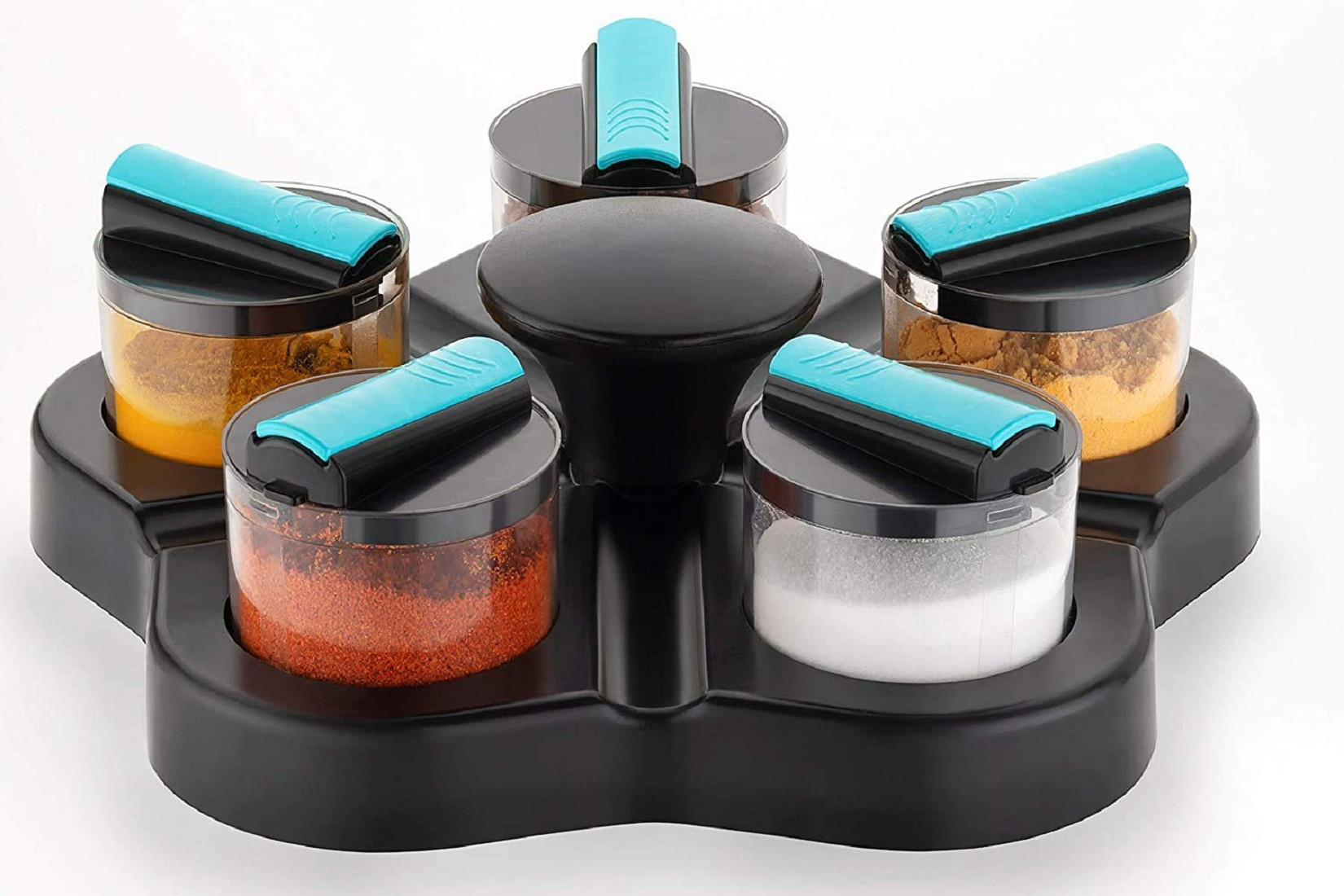 Kuber Industries Plastic Multipurpose Spice Rack 5 Piece Condiment Set 250Ml (Black)-KUBMRT11739