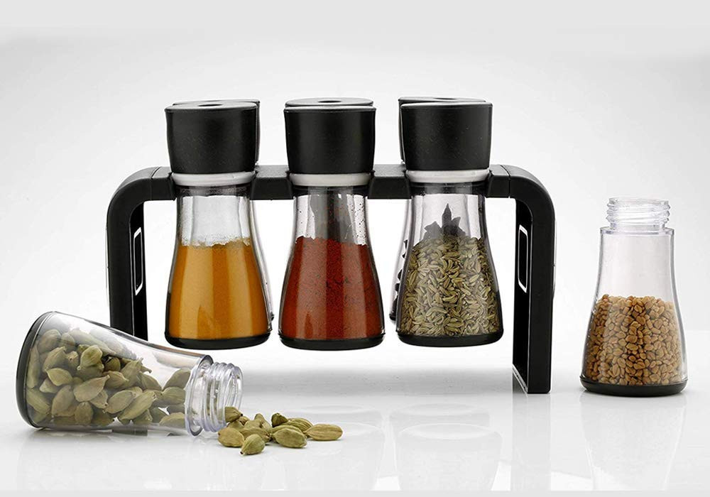 Kuber Industries Plastic Multipurpose Spice Rack Condiment Set 120Ml (Black)-KUBMART3304