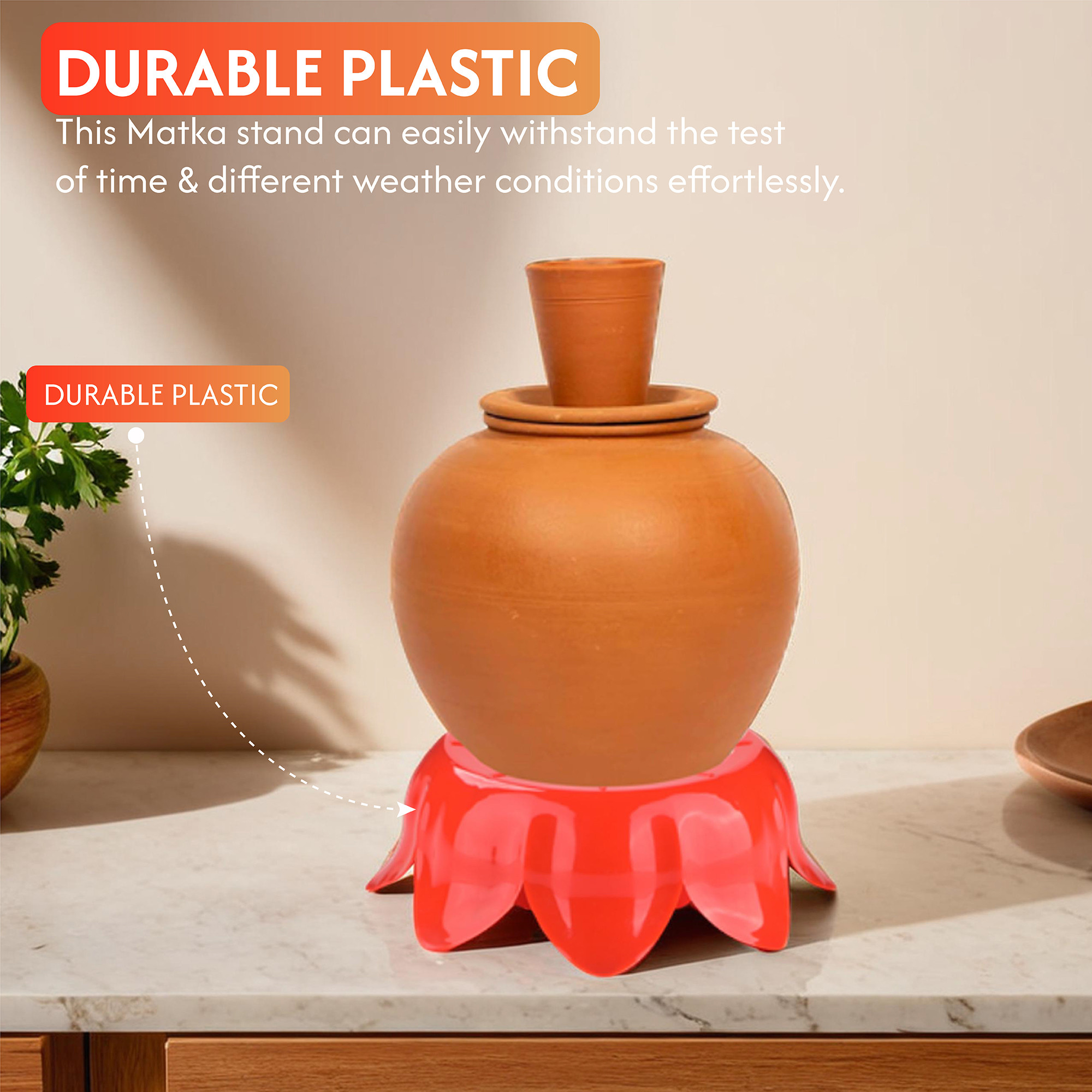 Kuber Industries Plastic Royal Matka Stand for Water Pot  Water Pot Stand for Kitchen  Outdoor Pot for Plants  Flower Pot for Garden  Balcony  Dog Feeding Bowl for Pets  Red