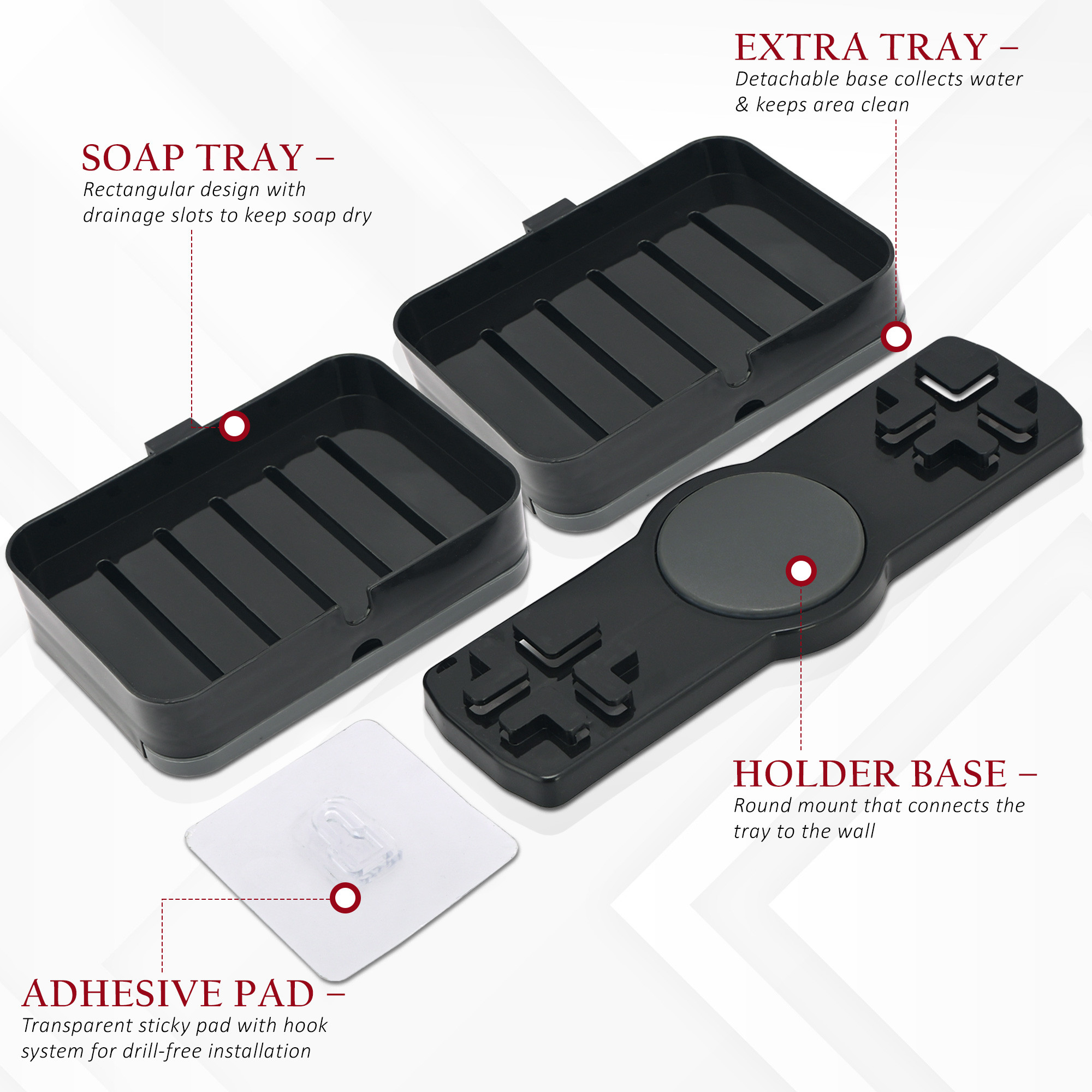 Kuber Industries Plastic Self-Adhesive Double Layers Soap Holder for Bathroom Wall with Removable Drain Tray  No Drill Stickable Soap Stand for Kitchen Sink  Black