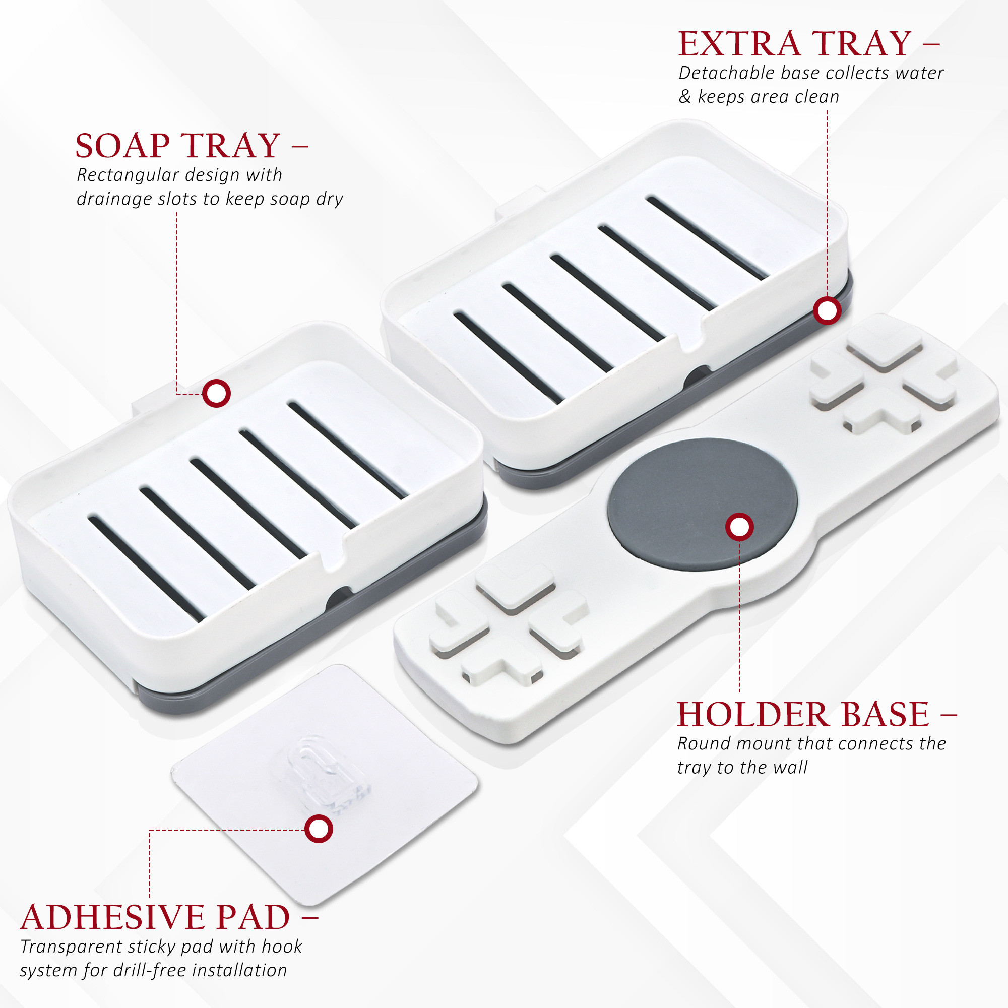 Kuber Industries Plastic Self-Adhesive Double Layers Soap Holder for Bathroom Wall with Removable Drain Tray  No Drill Stickable Soap Stand for Kitchen Sink  White