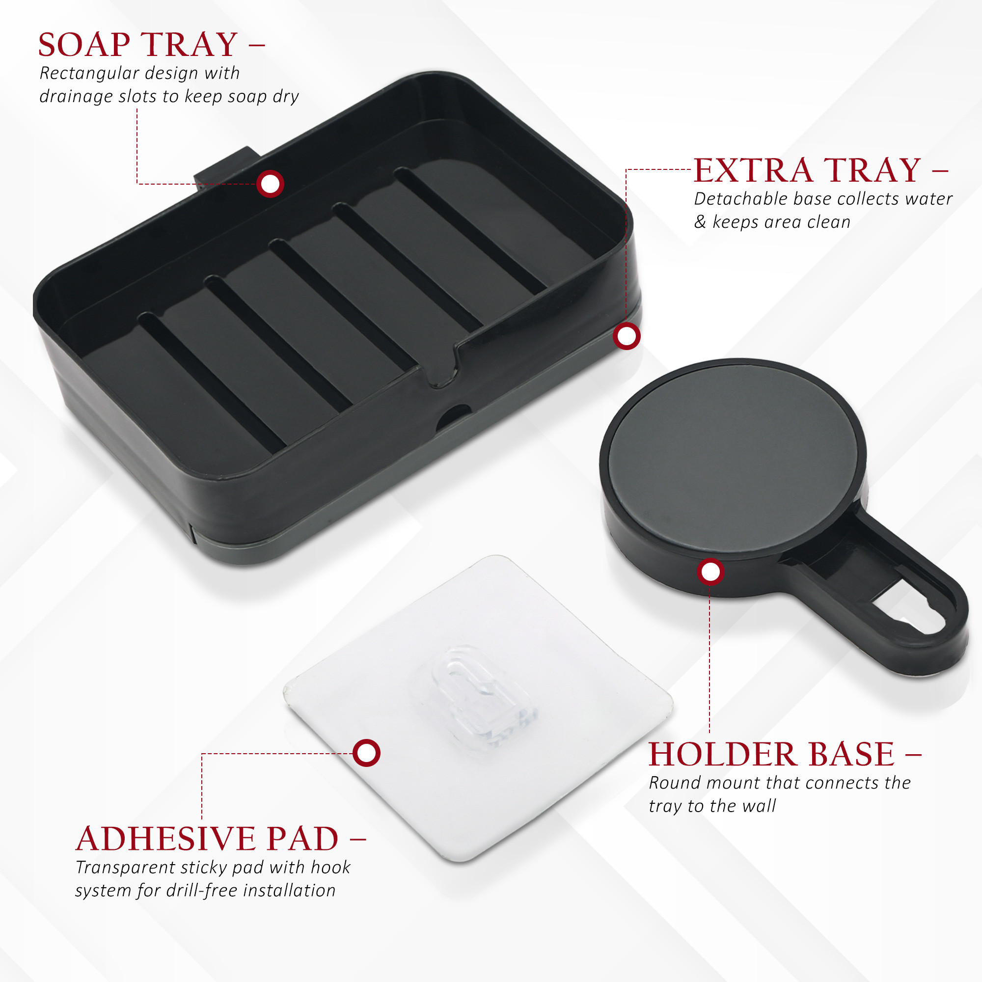 Kuber Industries Plastic Self-Adhesive Soap Holder for Bathroom Wall with Removable Drain Tray  No Drill Stickable Soap Stand for Kitchen Sink  Black