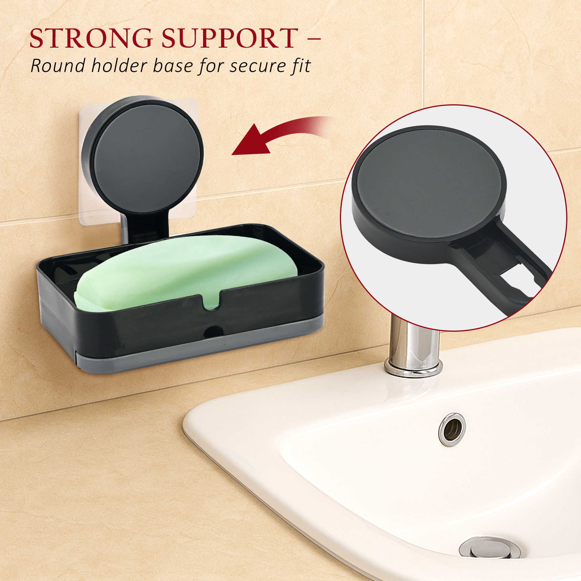 Kuber Industries Plastic Self-Adhesive Soap Holder for Bathroom Wall with Removable Drain Tray  No Drill Stickable Soap Stand for Kitchen Sink  Black