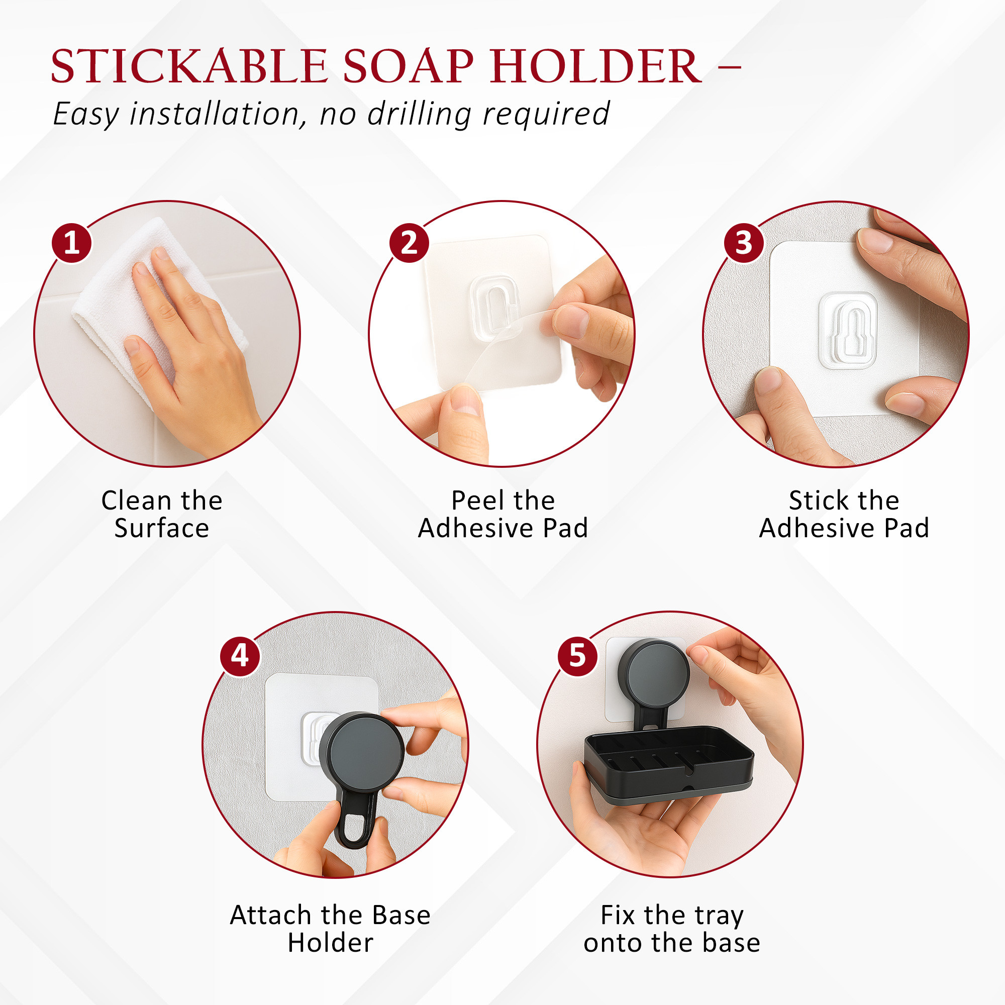 Kuber Industries Plastic Self-Adhesive Soap Holder for Bathroom Wall with Removable Drain Tray  No Drill Stickable Soap Stand for Kitchen Sink  Black
