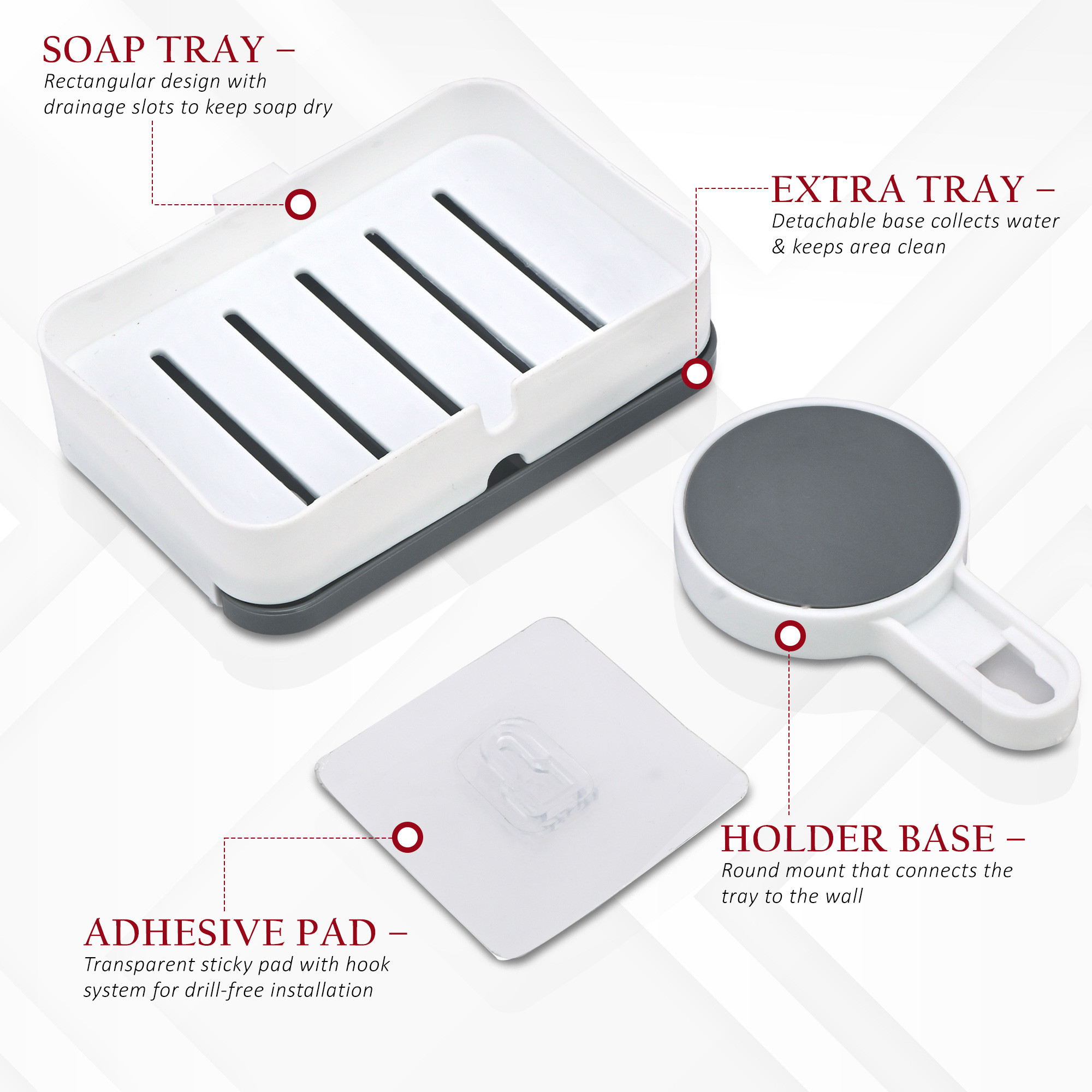 Kuber Industries Plastic Self-Adhesive Soap Holder for Bathroom Wall with Removable Drain Tray  No Drill Stickable Soap Stand for Kitchen Sink  White