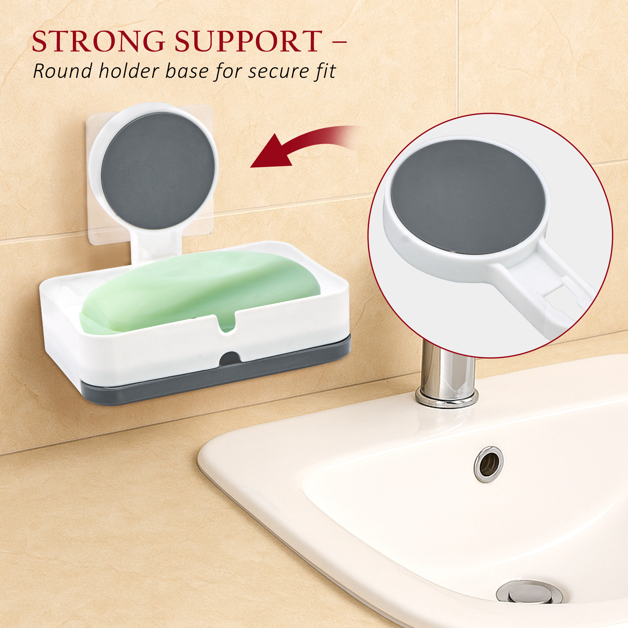 Kuber Industries Plastic Self-Adhesive Soap Holder for Bathroom Wall with Removable Drain Tray  No Drill Stickable Soap Stand for Kitchen Sink  White