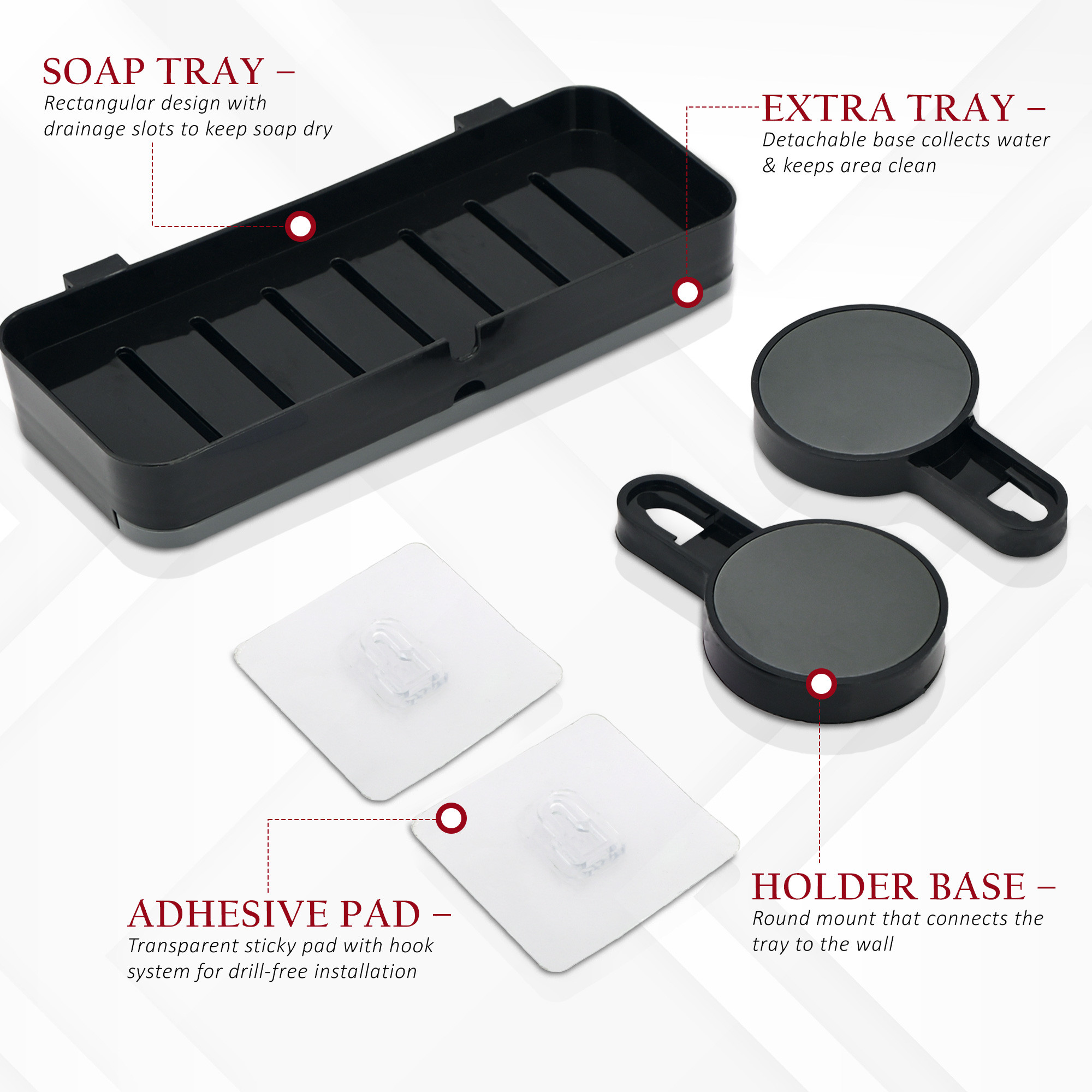 Kuber Industries Plastic Self-Adhesive Soap Holder for Bathroom with Removable Drain Tray  Wall Mount No Drill Stickable Long Soap Stand for Kitchen Sink  Black