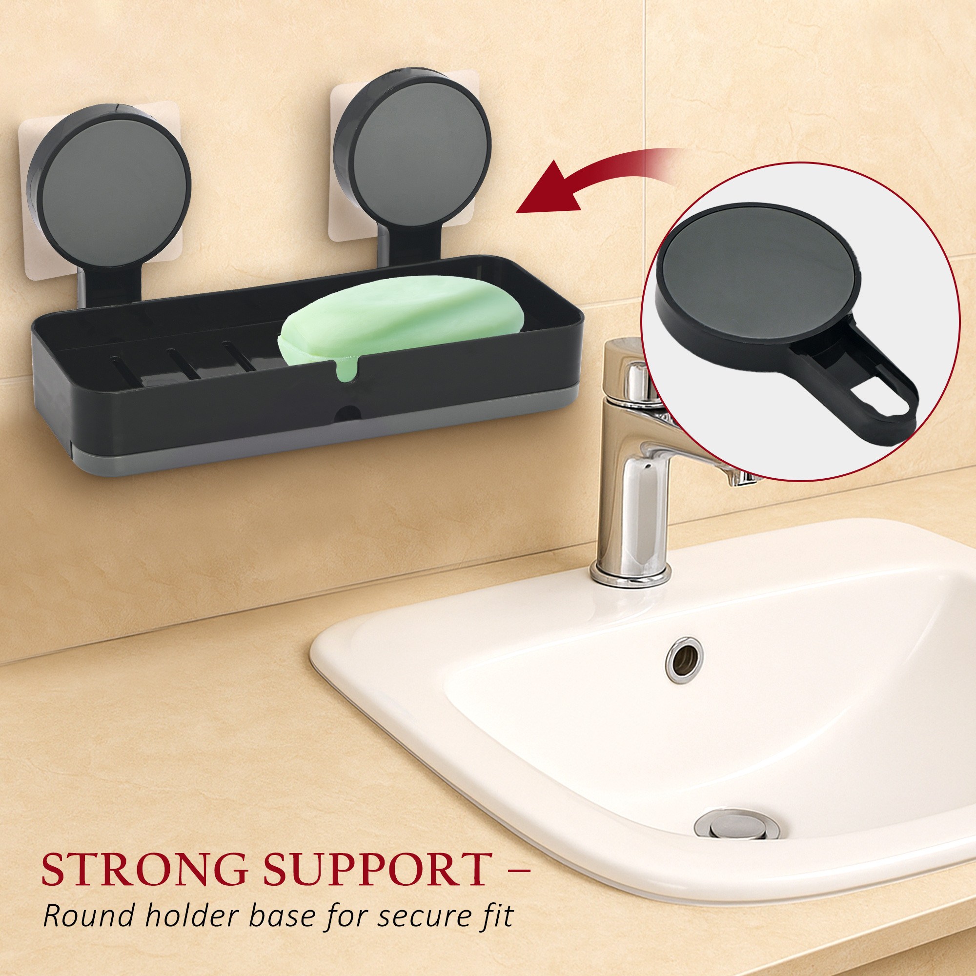 Kuber Industries Plastic Self-Adhesive Soap Holder for Bathroom with Removable Drain Tray  Wall Mount No Drill Stickable Long Soap Stand for Kitchen Sink  Black