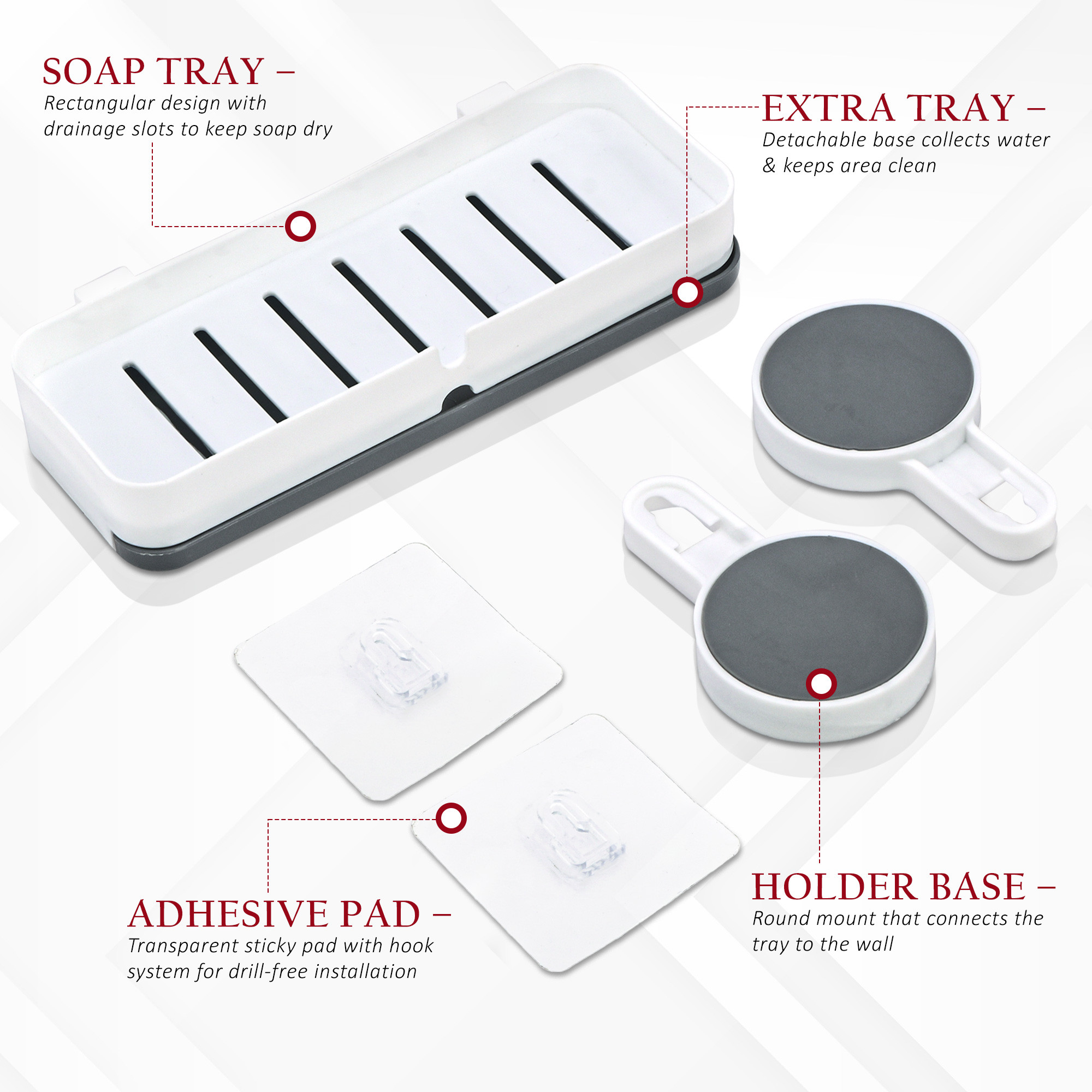 Kuber Industries Plastic Self-Adhesive Soap Holder for Bathroom with Removable Drain Tray  Wall Mount No Drill Stickable Long Soap Stand for Kitchen Sink  White