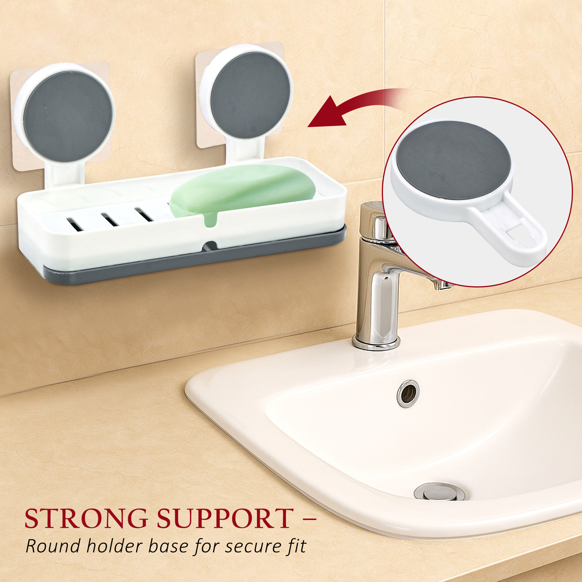 Kuber Industries Plastic Self-Adhesive Soap Holder for Bathroom with Removable Drain Tray  Wall Mount No Drill Stickable Long Soap Stand for Kitchen Sink  White