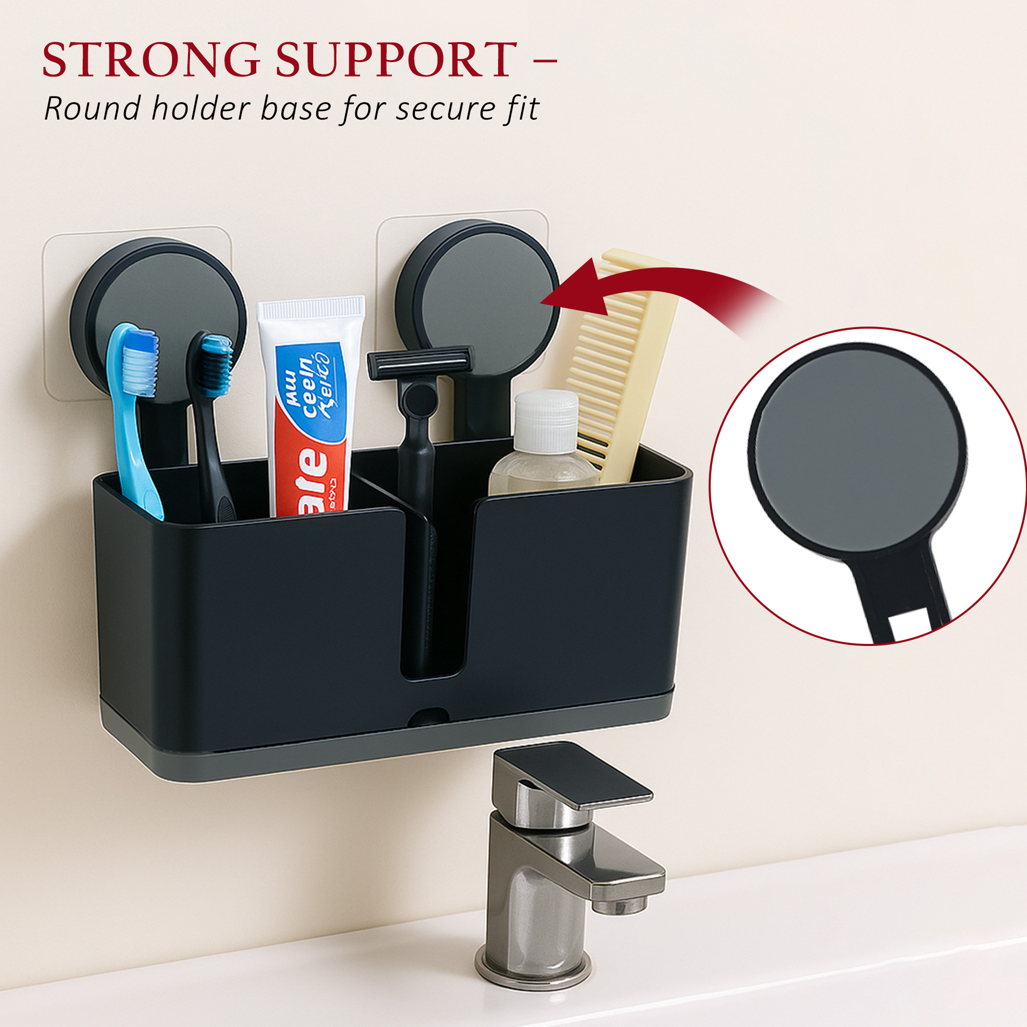 Kuber Industries Plastic Self-Adhesive Toothpaste Holder  Wall Mounted Tooth Brush Holder Bathroom  Bathroom Organiser without Drill for Razor and Makeup Brush  Black