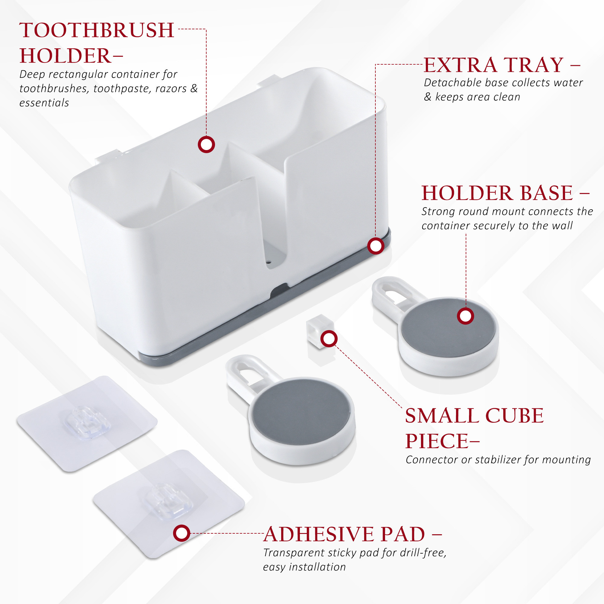 Kuber Industries Plastic Self-Adhesive Toothpaste Holder  Wall Mounted Tooth Brush Holder Bathroom  Bathroom Organiser without Drill for Razor and Makeup Brush  White