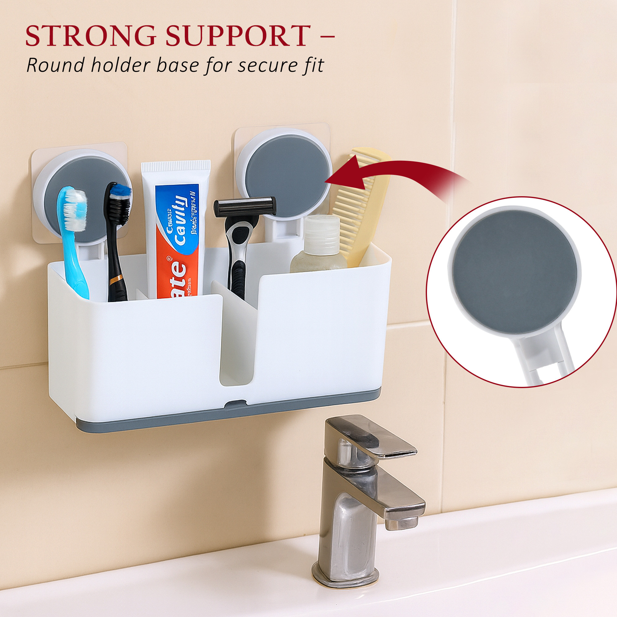 Kuber Industries Plastic Self-Adhesive Toothpaste Holder  Wall Mounted Tooth Brush Holder Bathroom  Bathroom Organiser without Drill for Razor and Makeup Brush  White
