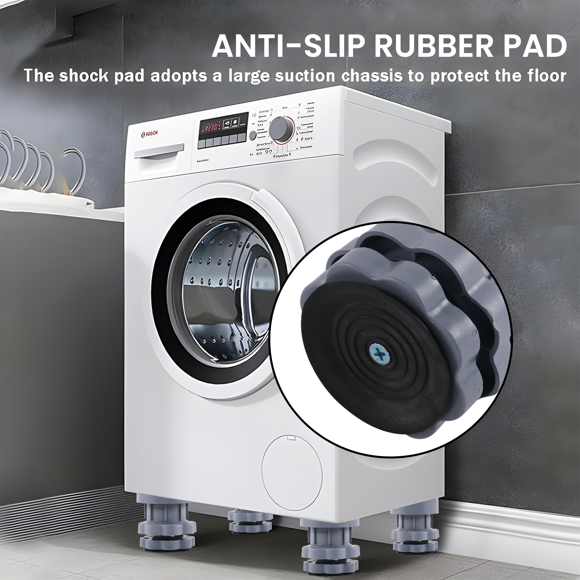 Kuber Industries Plastic Set of 4 Washing Machine Pads Anti Vibration with Suction Cup  Washing Machine Adjustable Height Footpads  Fridge Gripper Legs Anti Slip Refrigerator Rubber Stand  Grey