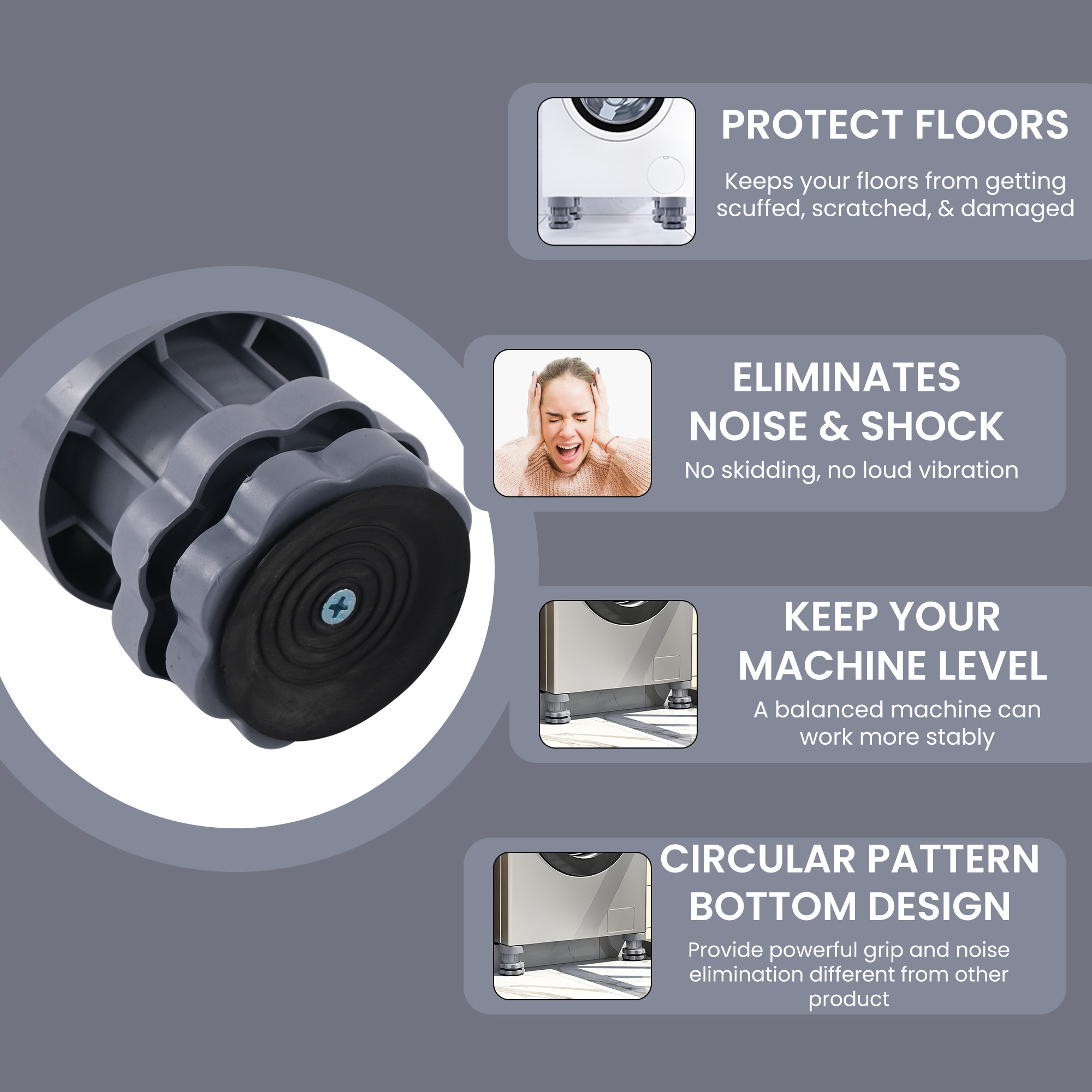 Kuber Industries Plastic Set of 4 Washing Machine Pads Anti Vibration with Suction Cup  Washing Machine Adjustable Height Footpads  Fridge Gripper Legs Anti Slip Refrigerator Rubber Stand  Grey