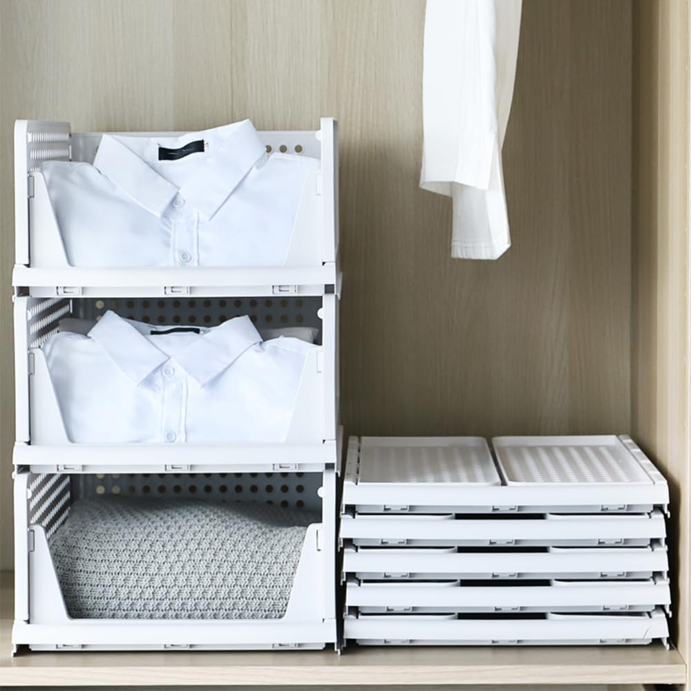 Kuber Industries Plastic Shirt Stacking Foldable Basket|Wardrobe Organizer For Clothes| White