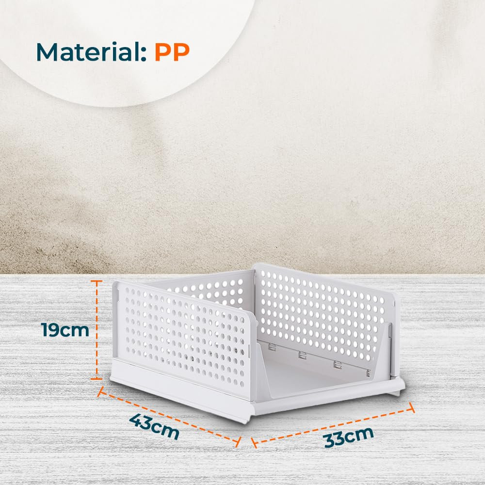 Kuber Industries Plastic Shirt Stacking Foldable Basket|Wardrobe Organizer For Clothes| White