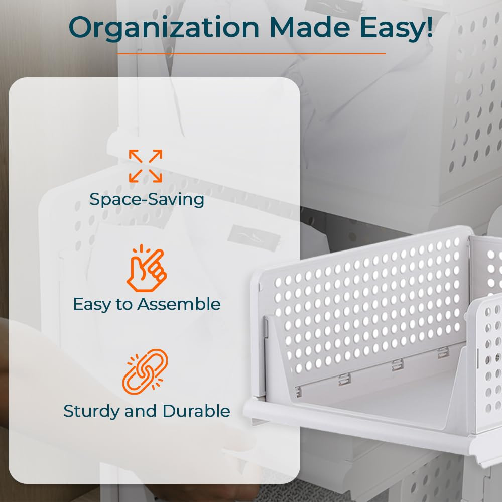 Kuber Industries Plastic Shirt Stacking Foldable Basket|Wardrobe Organizer For Clothes| White
