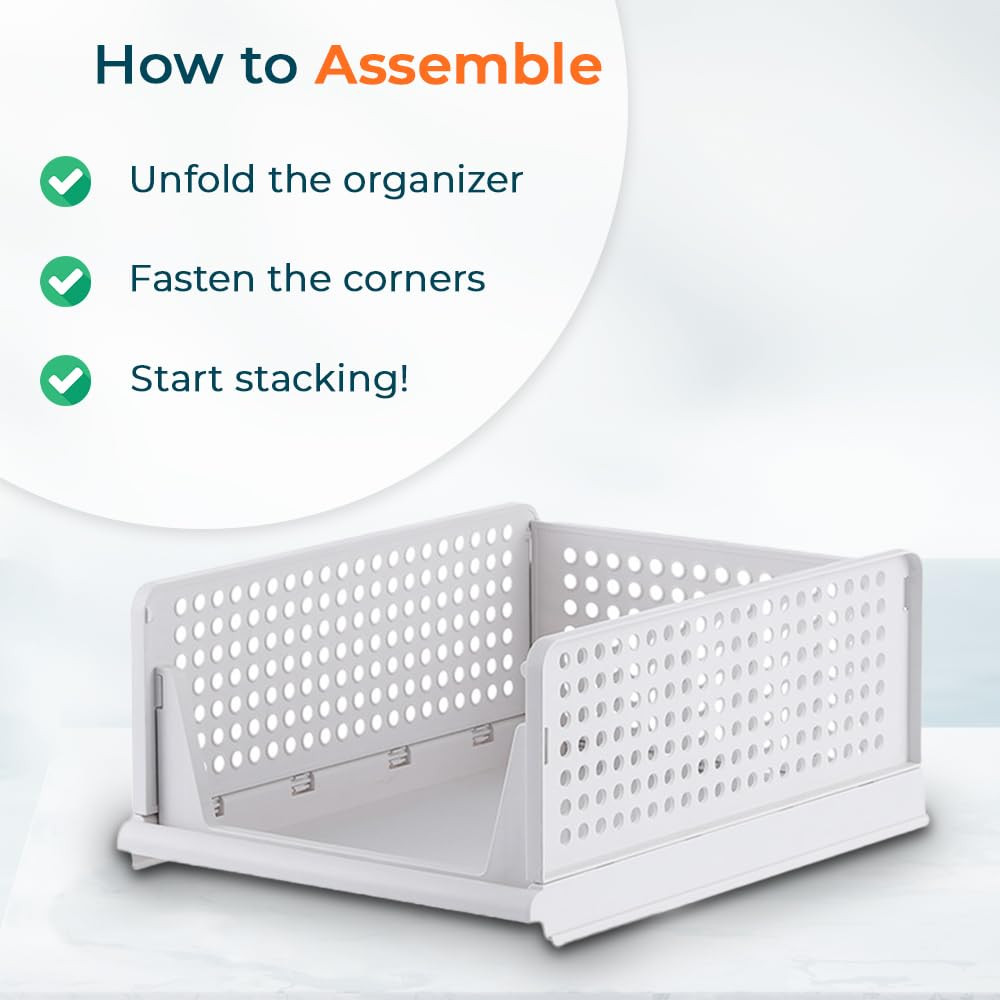 Kuber Industries Plastic Shirt Stacking Foldable Basket|Wardrobe Organizer For Clothes| White
