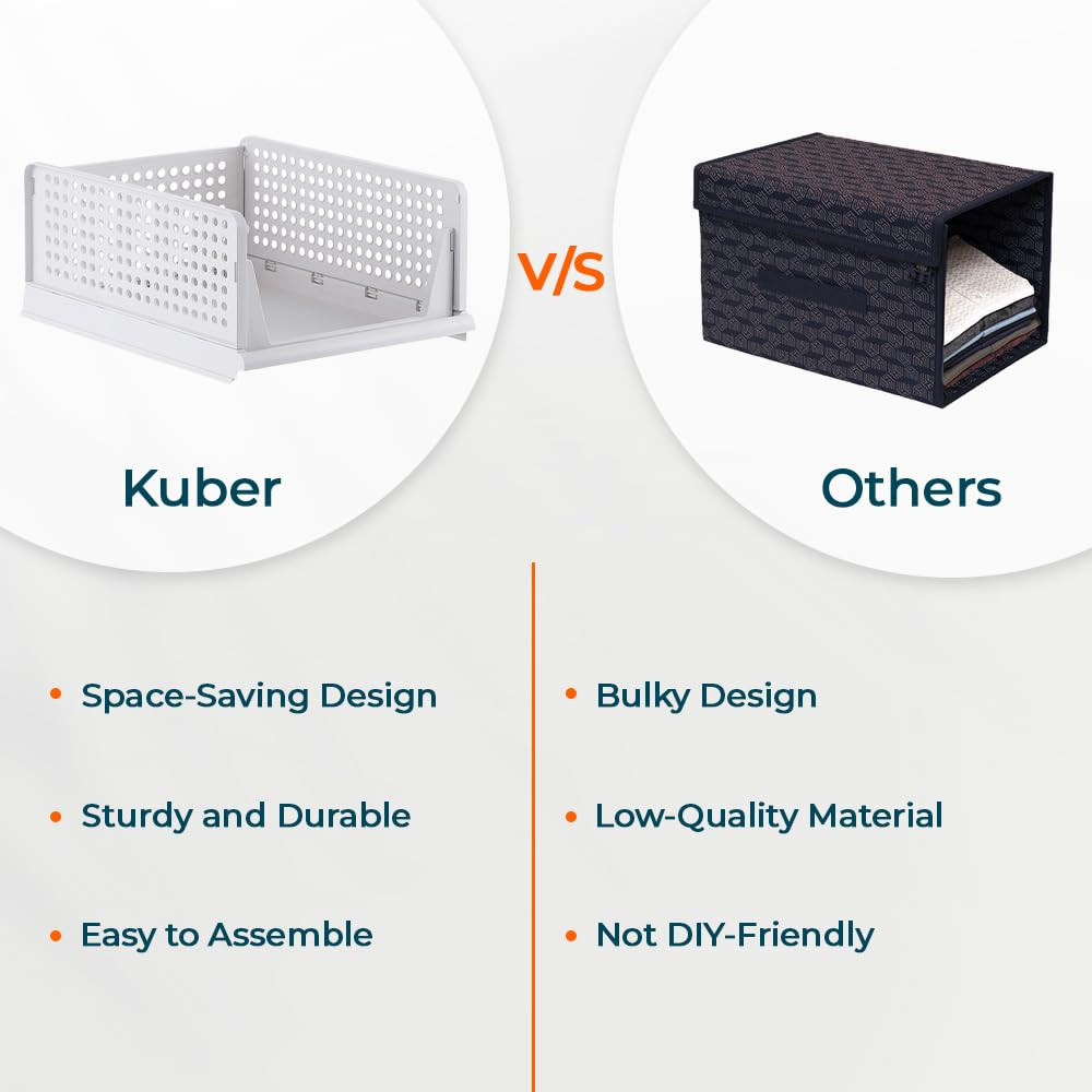Kuber Industries Plastic Shirt Stacking Foldable Basket|Wardrobe Organizer For Clothes| White