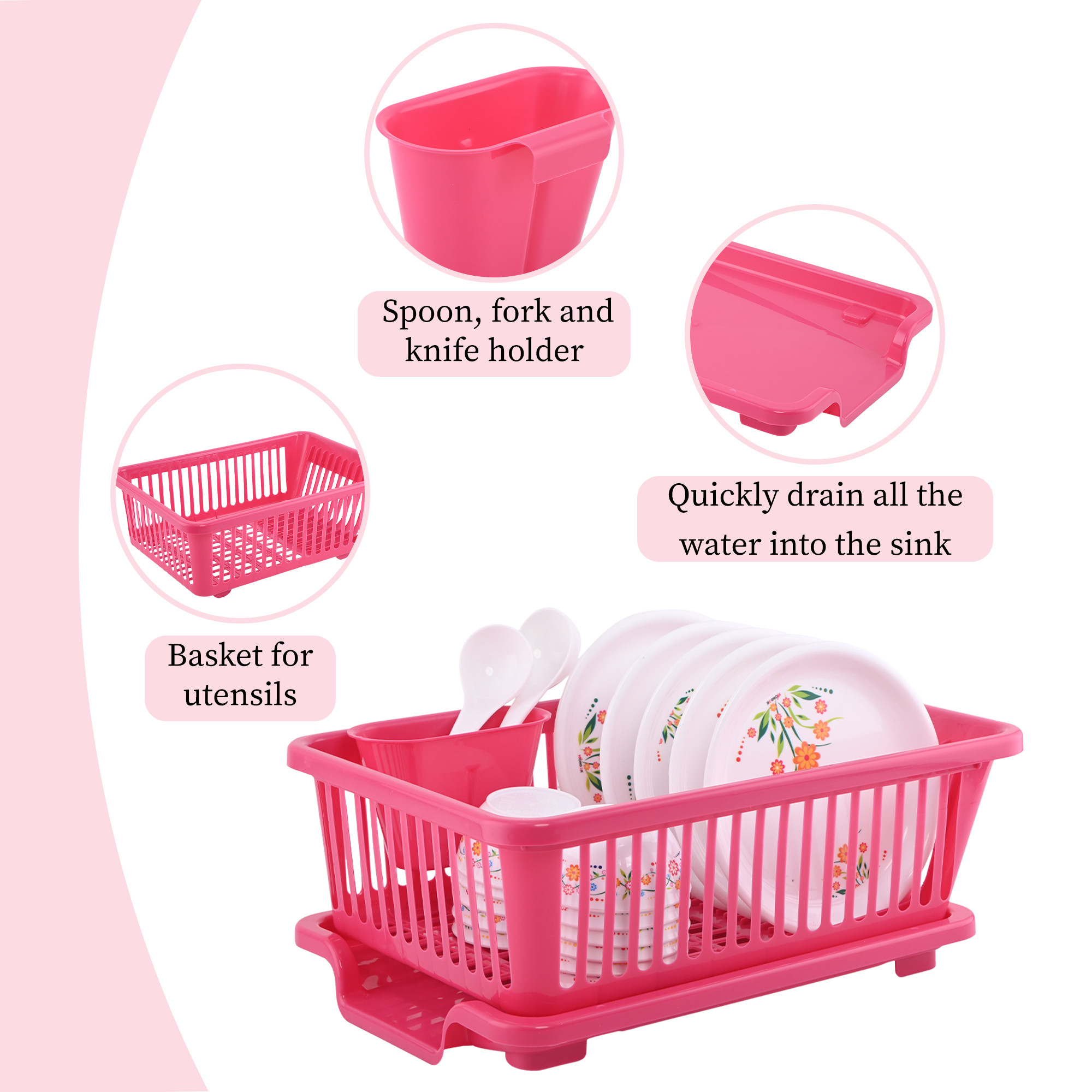 Kuber Industries Plastic Sink Dish Drainer Rack  3 in 1 Large Durable Drainer Drying Rack Washing Basket with Tray  Home  Kitchen Dish Rack Organizers Utensils Tools Cutlery - Pink