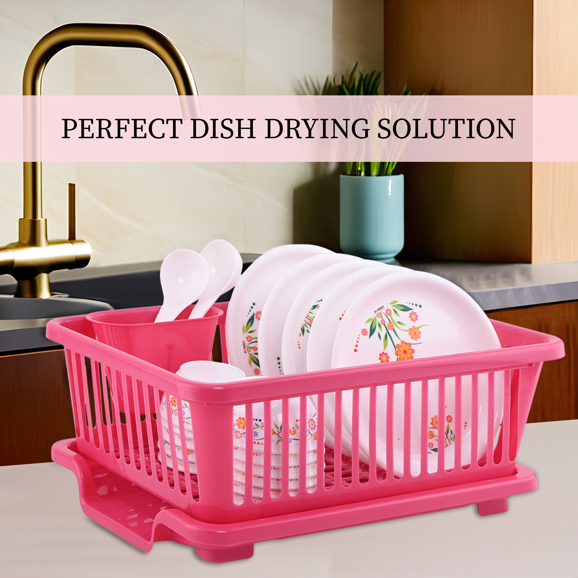 Kuber Industries Plastic Sink Dish Drainer Rack  3 in 1 Large Durable Drainer Drying Rack Washing Basket with Tray  Home  Kitchen Dish Rack Organizers Utensils Tools Cutlery - Pink