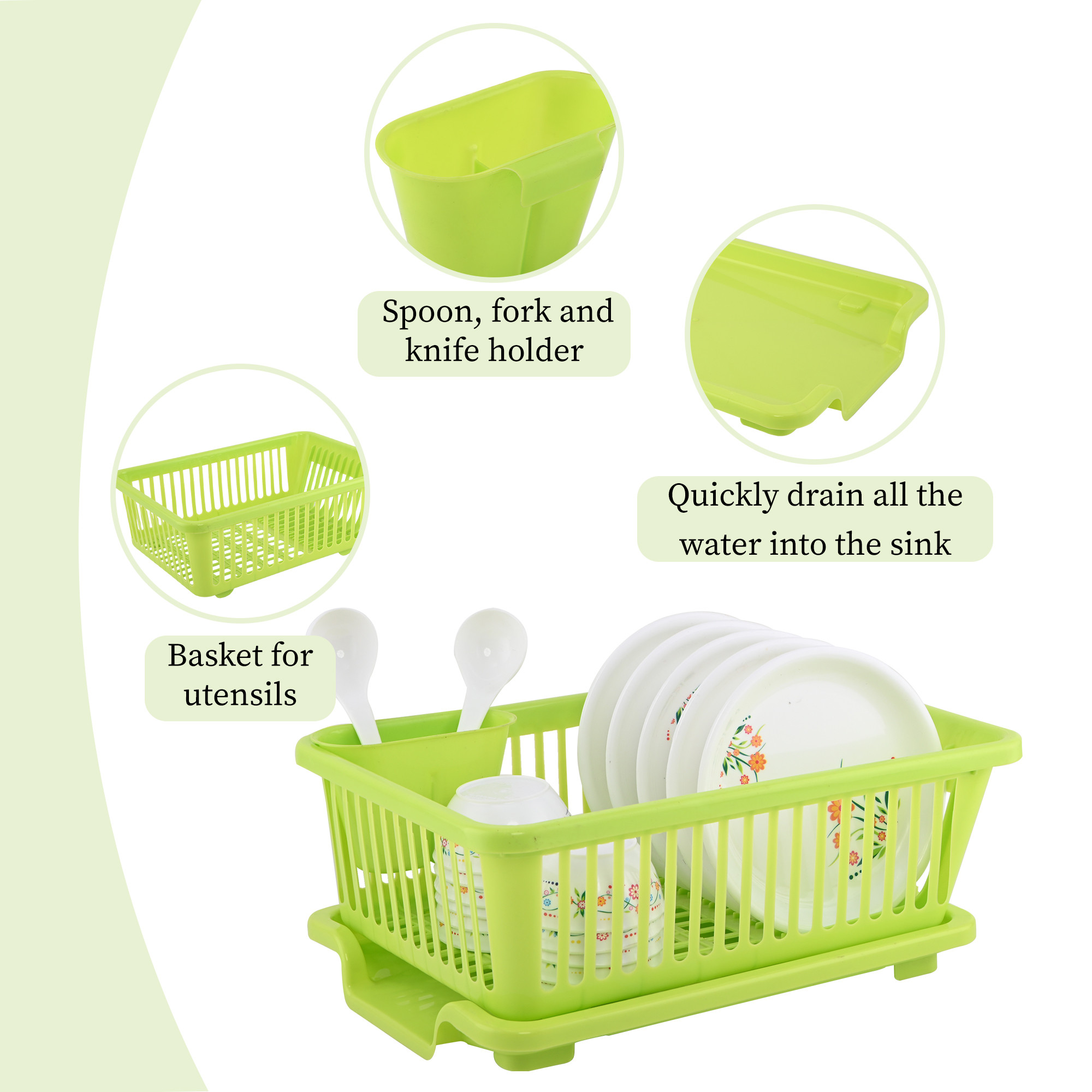 Kuber Industries Plastic Sink Dish Drainer Rack  3 in 1 Large Durable Drainer Drying Rack Washing Basket with Tray  Home  Kitchen Dish Rack Organizers Utensils Tools Cutlery - Green