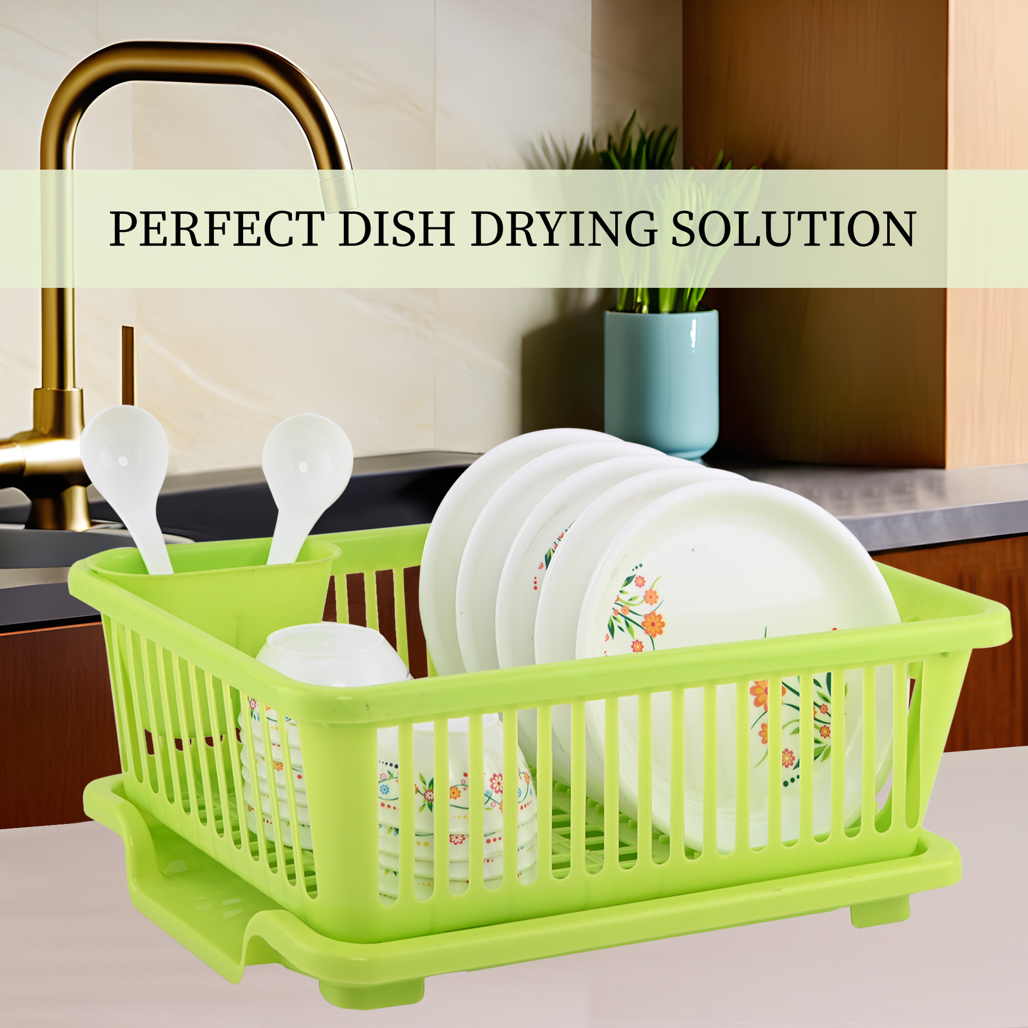 Kuber Industries Plastic Sink Dish Drainer Rack  3 in 1 Large Durable Drainer Drying Rack Washing Basket with Tray  Home  Kitchen Dish Rack Organizers Utensils Tools Cutlery - Green