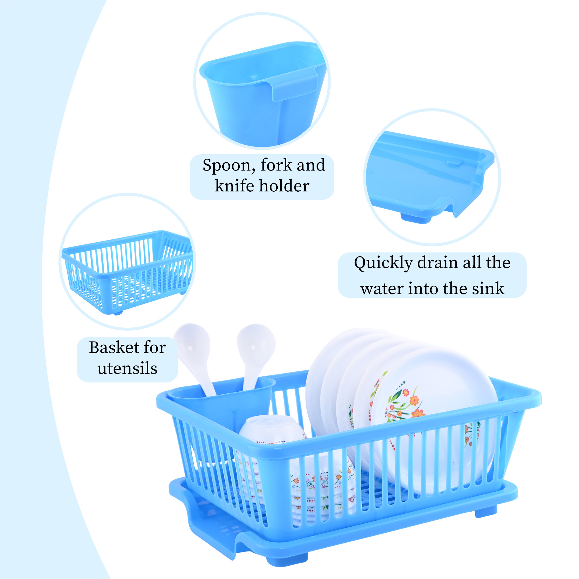 Kuber Industries Plastic Sink Dish Drainer Rack  3 in 1 Large Durable Drainer Drying Rack Washing Basket with Tray  Home  Kitchen Dish Rack Organizers Utensils Tools Cutlery - Blue