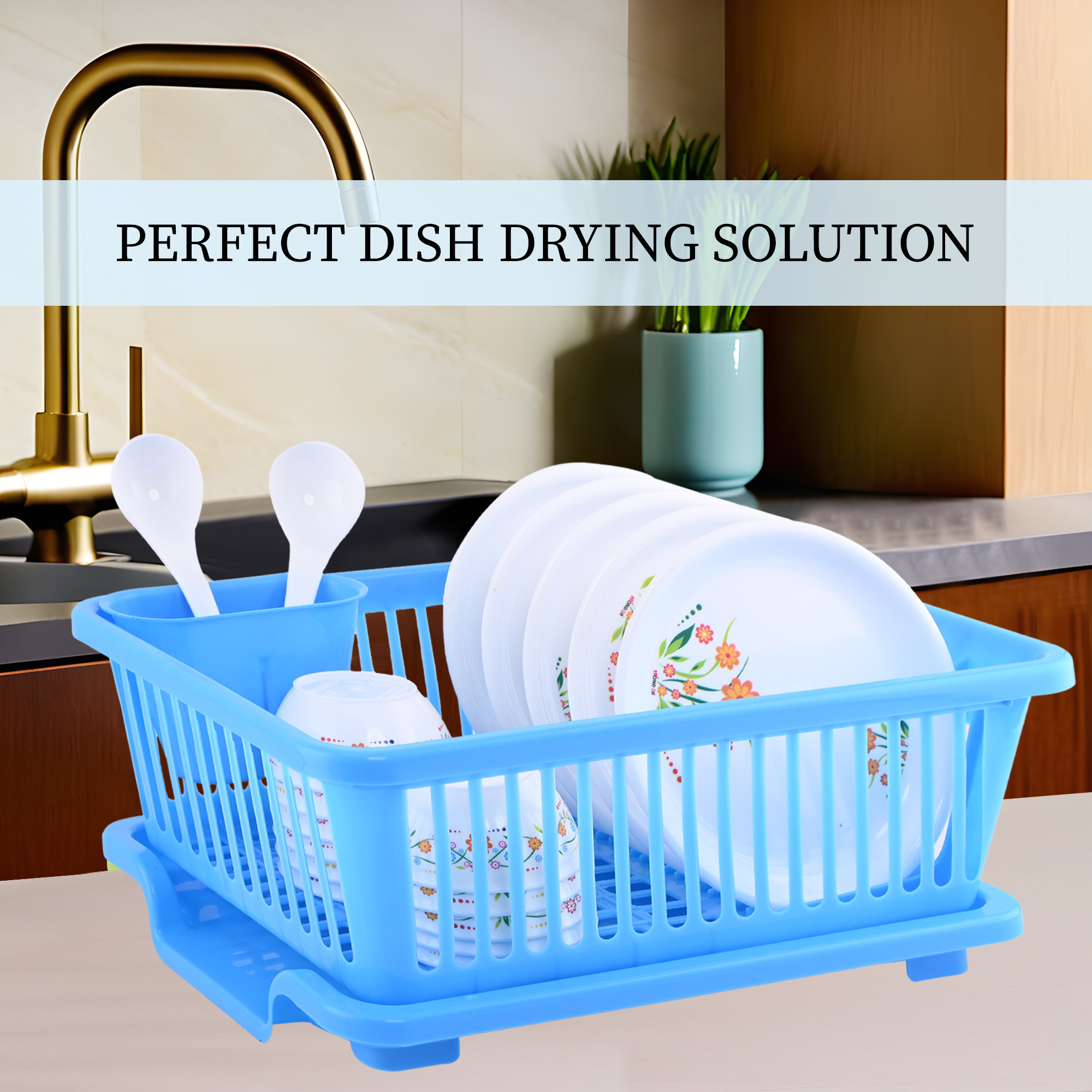 Kuber Industries Plastic Sink Dish Drainer Rack  3 in 1 Large Durable Drainer Drying Rack Washing Basket with Tray  Home  Kitchen Dish Rack Organizers Utensils Tools Cutlery - Blue