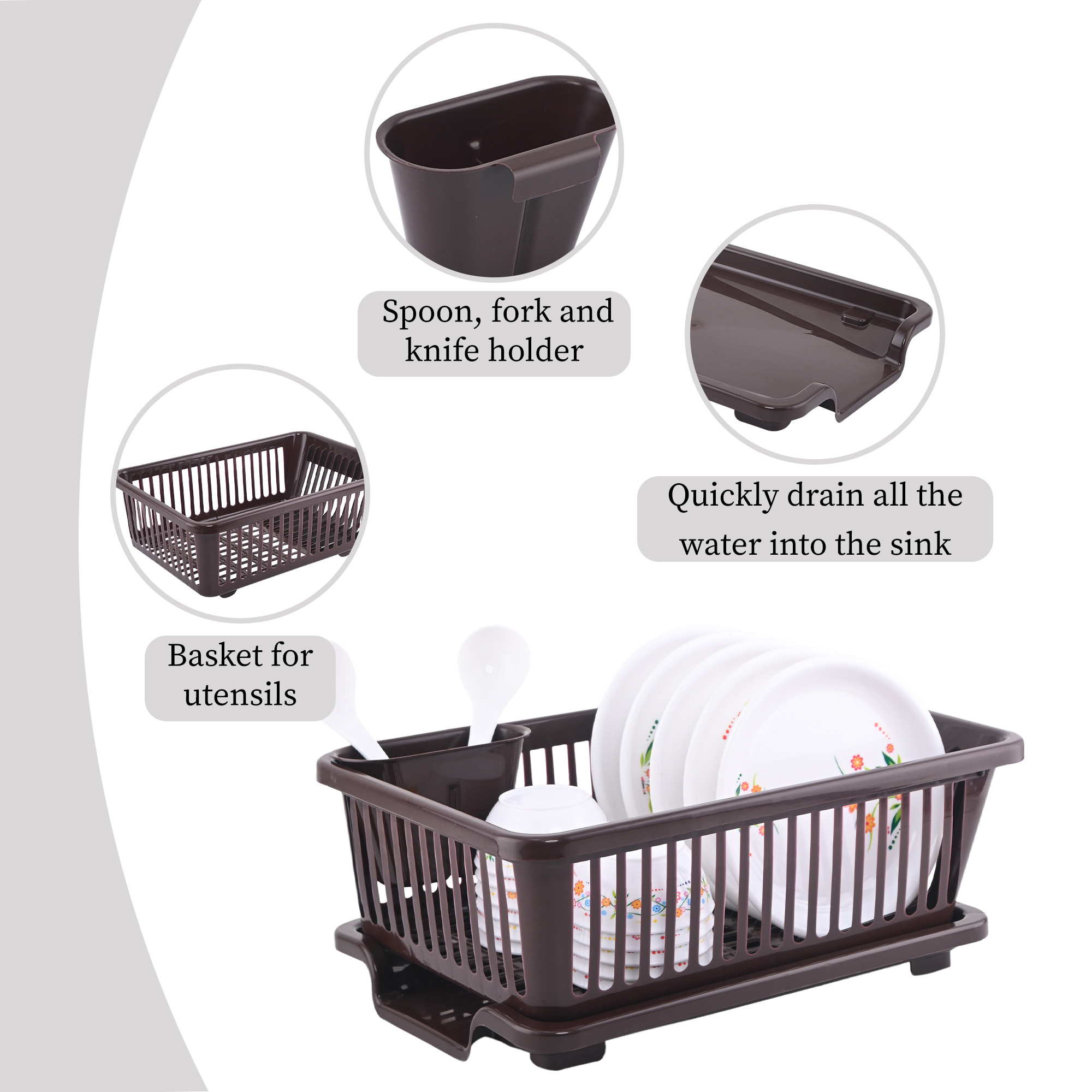 Kuber Industries Plastic Sink Dish Drainer Rack  3 in 1 Large Durable Drainer Drying Rack Washing Basket with Tray  Home  Kitchen Dish Rack Organizers Utensils Tools Cutlery - Brown