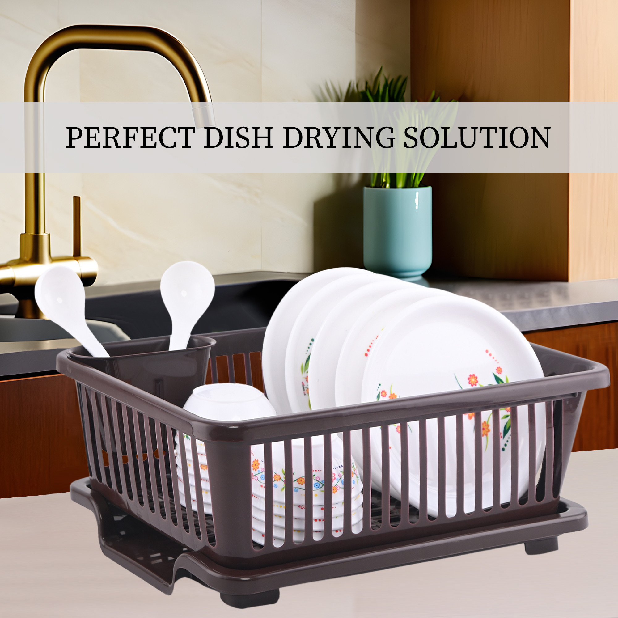 Kuber Industries Plastic Sink Dish Drainer Rack  3 in 1 Large Durable Drainer Drying Rack Washing Basket with Tray  Home  Kitchen Dish Rack Organizers Utensils Tools Cutlery - Brown