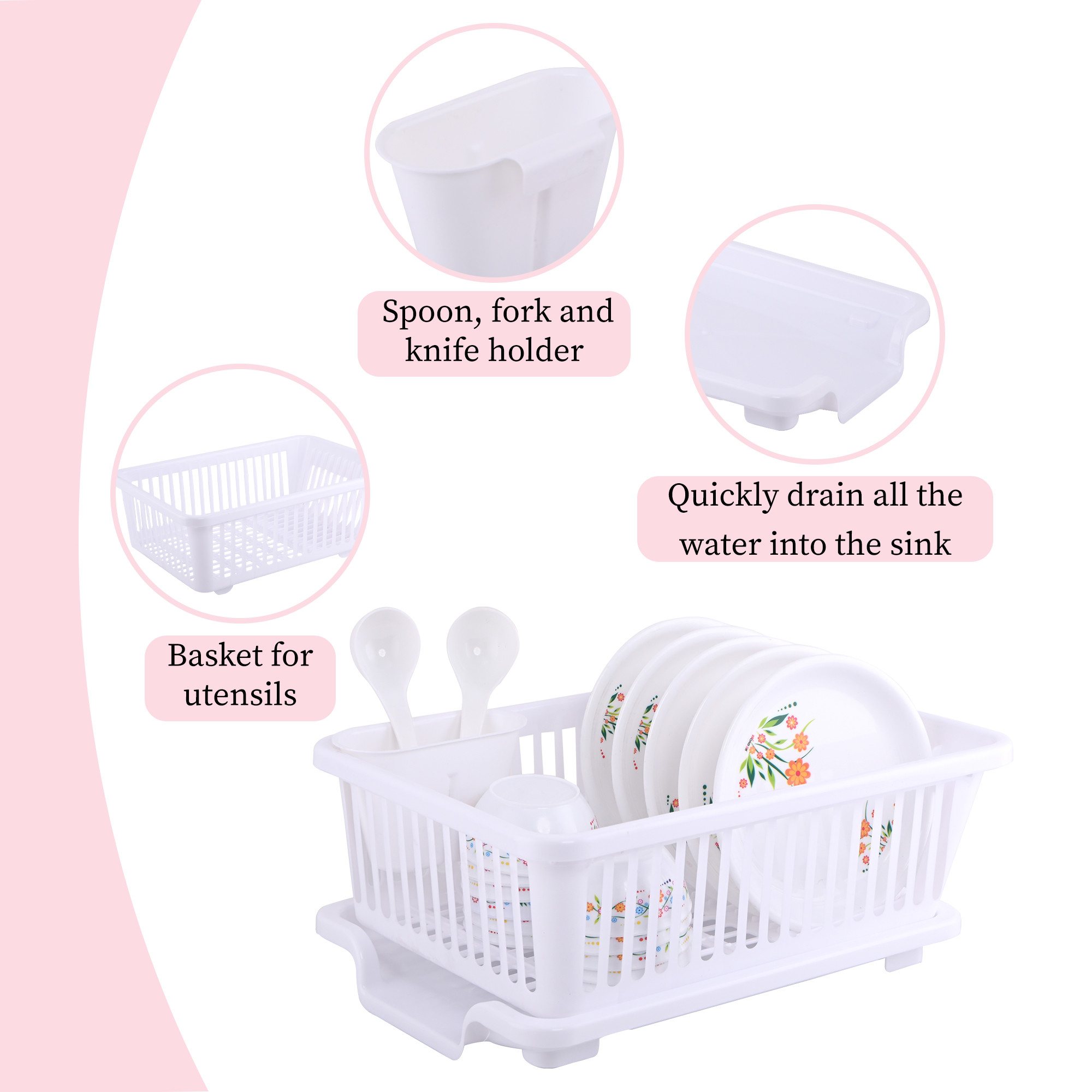 Kuber Industries Plastic Sink Dish Drainer Rack  3 in 1 Large Durable Drainer Drying Rack Washing Basket with Tray  Home  Kitchen Dish Rack Organizers Utensils Tools Cutlery - White