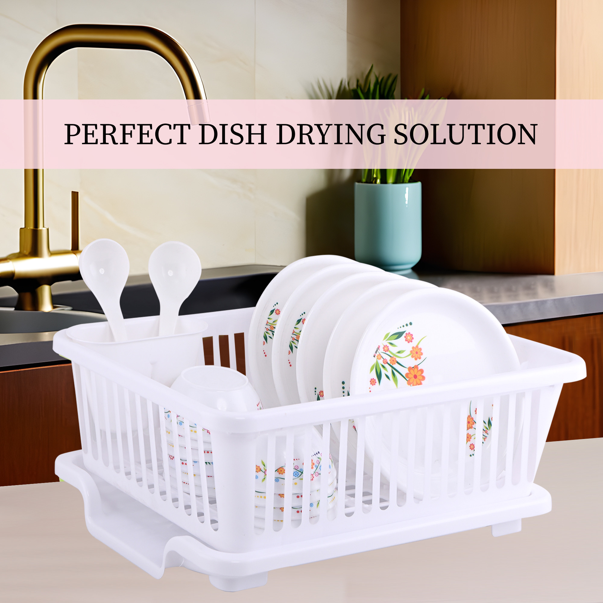 Kuber Industries Plastic Sink Dish Drainer Rack  3 in 1 Large Durable Drainer Drying Rack Washing Basket with Tray  Home  Kitchen Dish Rack Organizers Utensils Tools Cutlery - White