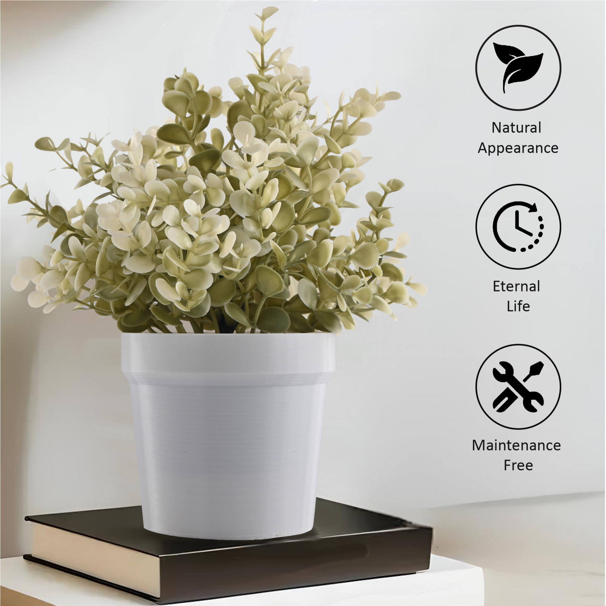 Kuber Industries Plastic Small Artificial Plants with Pot  Table Top  TV Unit Decorative Items for Living Room  Faux Plants for Home Decor  Office Desk  Flower 80 - White