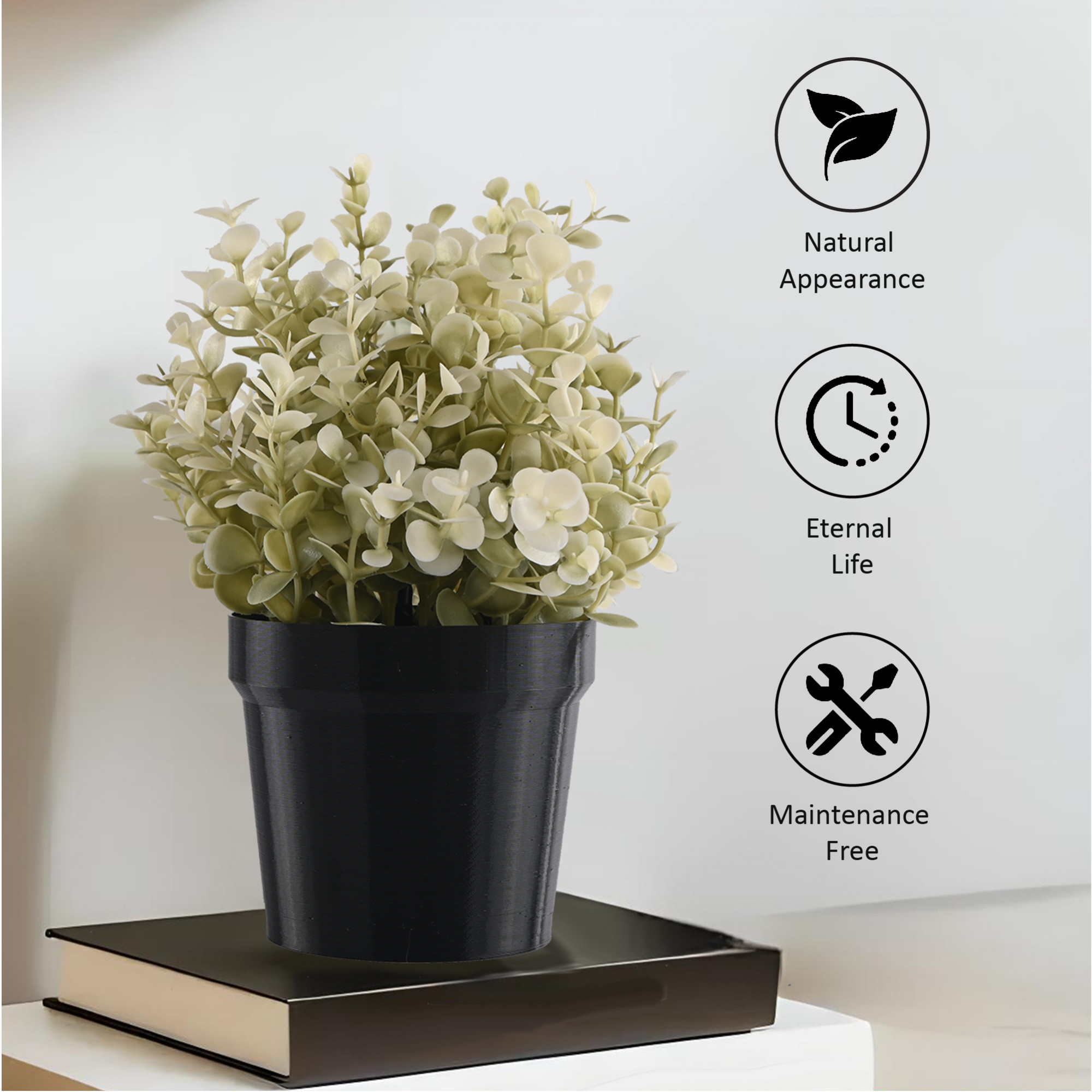 Kuber Industries Plastic Small Artificial Plants with Pot  Table Top  TV Unit Decorative Items for Living Room  Faux Plants for Home Decor  Office Desk  Flower 80 - Black