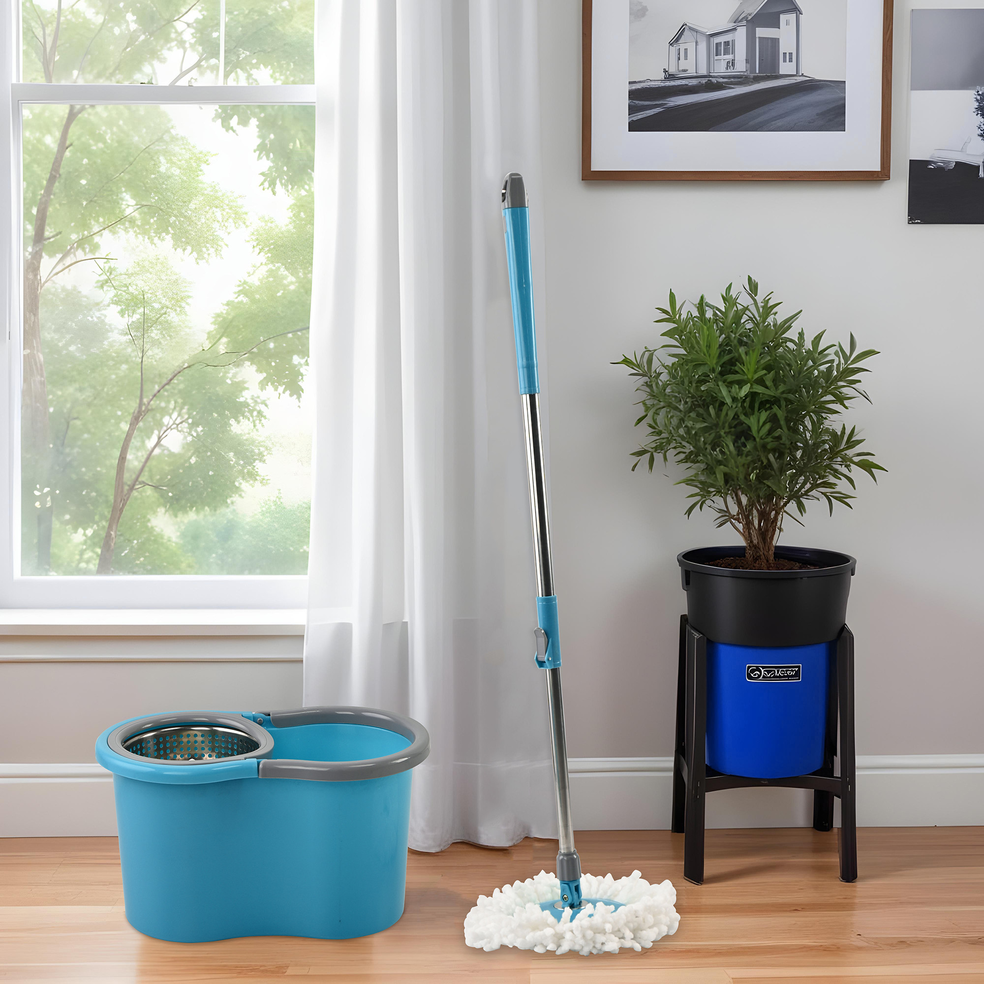 Kuber Industries Plastic Spin Mop with Stainless Steel Wringer  Big Bucket Moppers for Cleaning Floor 2 Refills  360 Floor Cleaner Mopping Set for Home  Office  Pocha Stick - Blue