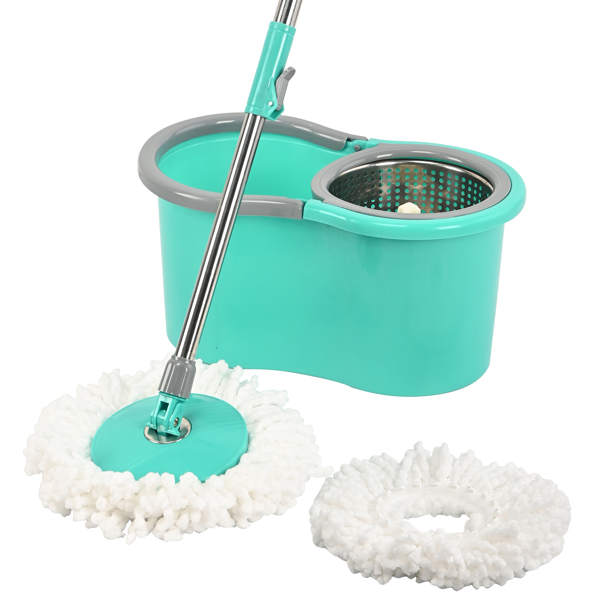 Kuber Industries Plastic Spin Mop with Stainless Steel Wringer  Big Bucket Moppers for Cleaning Floor 2 Refills  360 Floor Cleaner Mopping Set for Home  Office  Pocha Stick - Mint Green