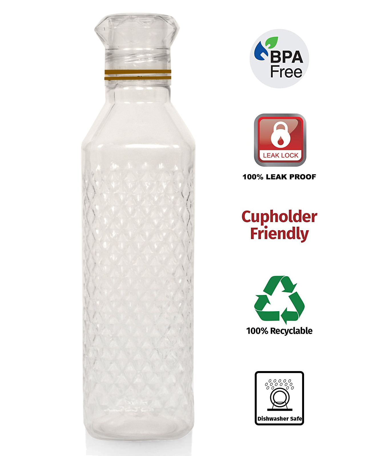 Kuber Industries Plastic Squere Shape Crystal Design Water Bottle For Home & Traveling, 1Ltr. (Transparent) 54KM4303