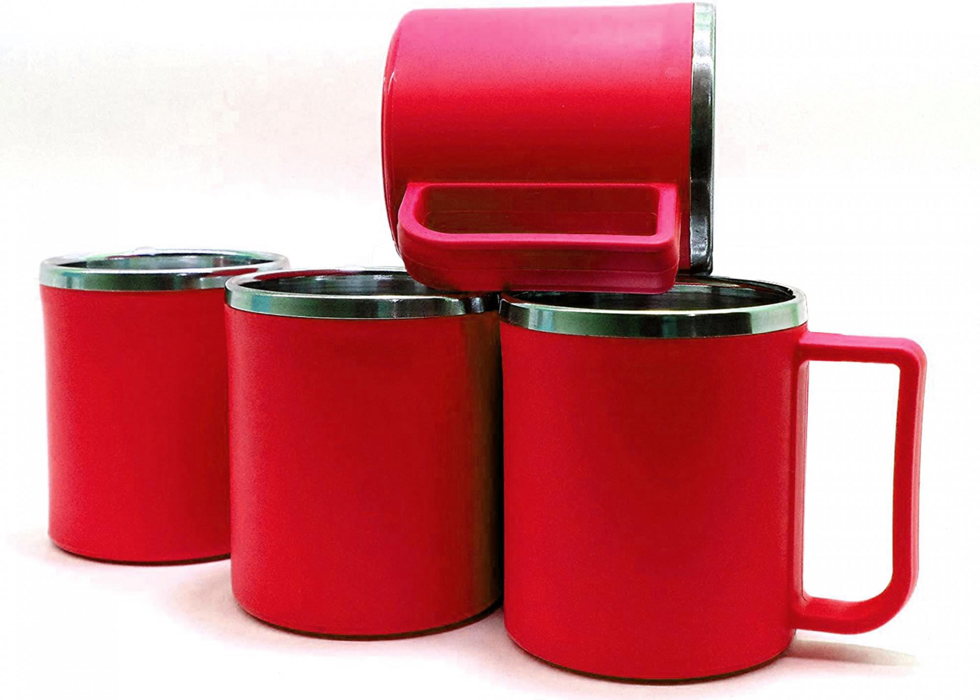 Kuber Industries Plastic Steel Cups for Coffee Tea Cocoa, Camping Mugs with Handle, Portable & Easy Clean (Red)