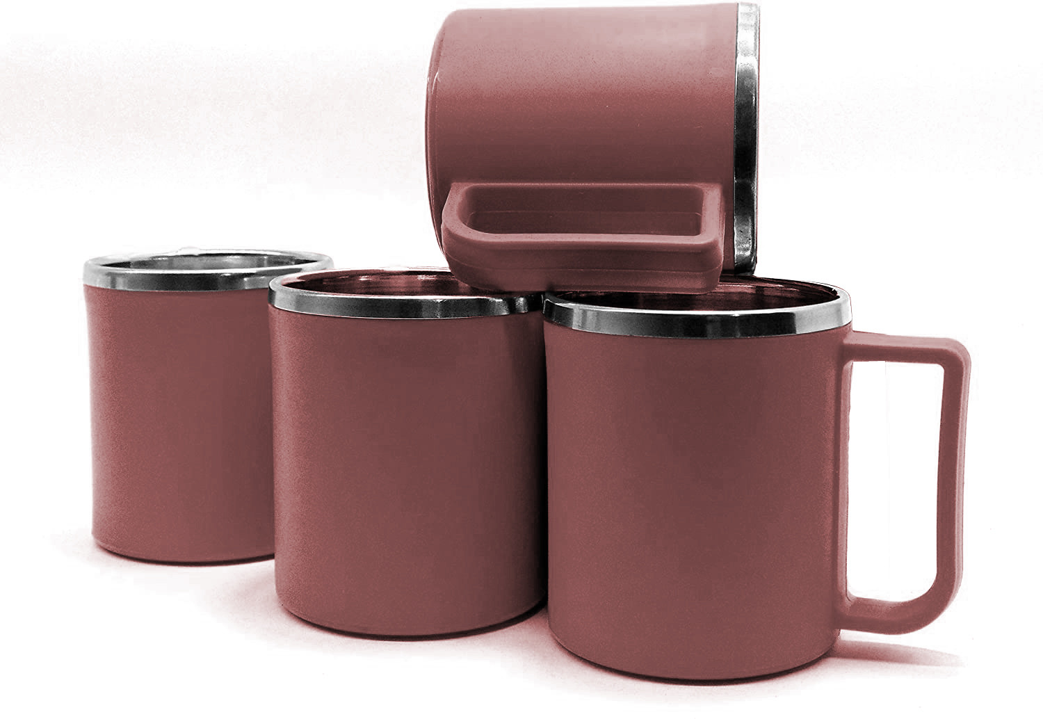 Kuber Industries Plastic Steel Cups for Coffee Tea Cocoa, Camping Mugs with Handle, Portable & Easy Clean (Brown)