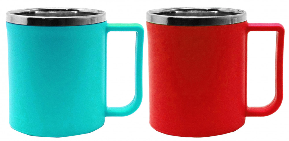 Kuber Industries Plastic Steel Cups for Coffee Tea Cocoa, Camping Mugs with Handle, Portable &amp; Easy Clean,(Green &amp; Red)