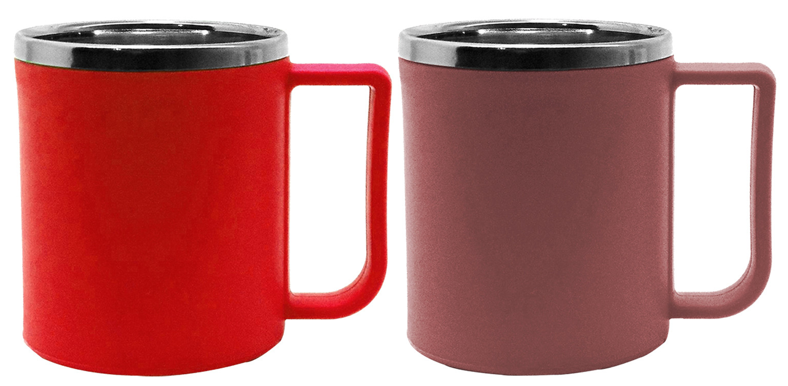Kuber Industries Plastic Steel Cups for Coffee Tea Cocoa, Camping Mugs with Handle, Portable & Easy Clean,(Red & Brown)