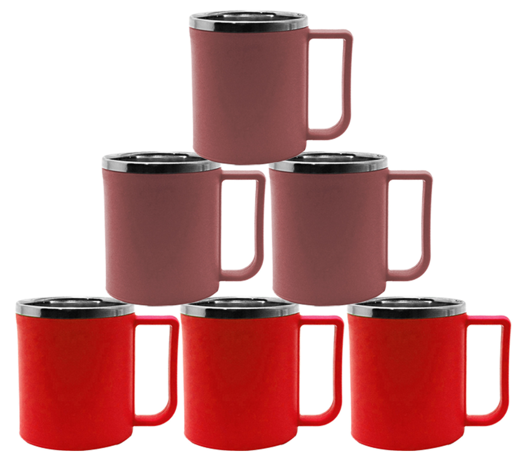 Kuber Industries Plastic Steel Cups for Coffee Tea Cocoa, Camping Mugs with Handle, Portable & Easy Clean,(Red & Brown)